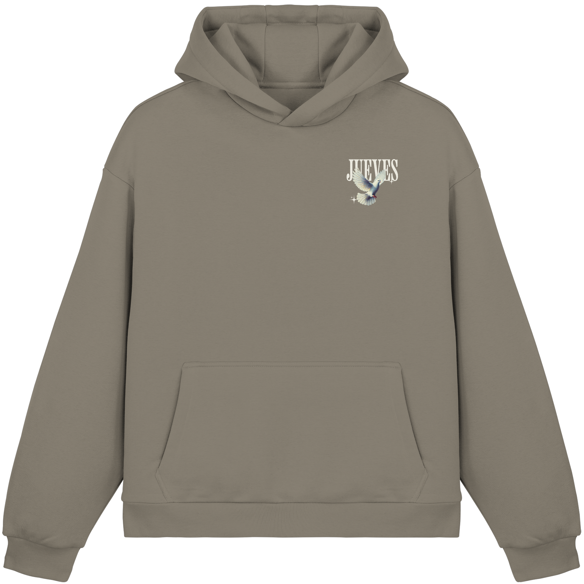 olive Oversized Boxcut Hoodie von Jueves Apparel mit Brustdruck – nachhaltige Streetwear aus 70% Baumwolle