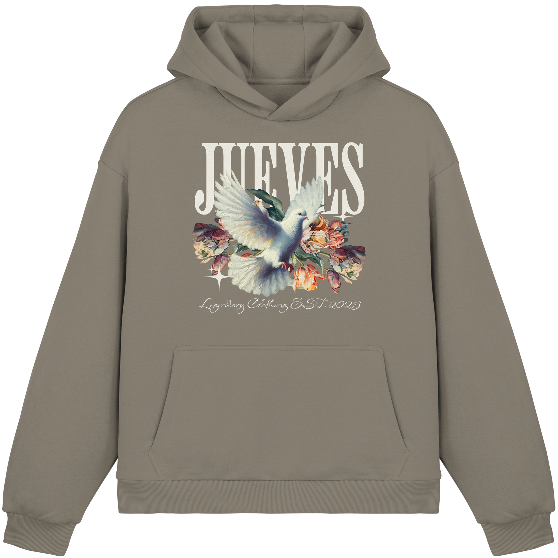 olive Oversized Boxcut Hoodie von Jueves Apparel mit Brustdruck – nachhaltige Streetwear aus 70% Baumwolle