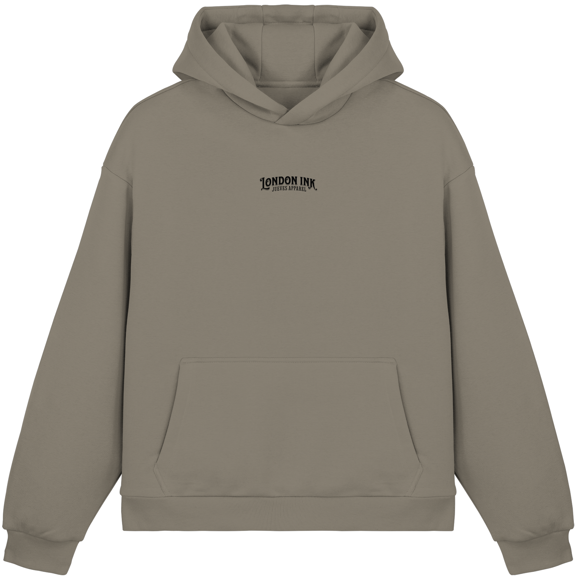 Frontansicht des oliven oversized Boxcut Hoodies von Jueves Apparel mit oversized Schnitt, Druck auf der Brust– Streetwear aus 100 % Bio-Baumwolle, 220 g/m² Stoffgewicht.