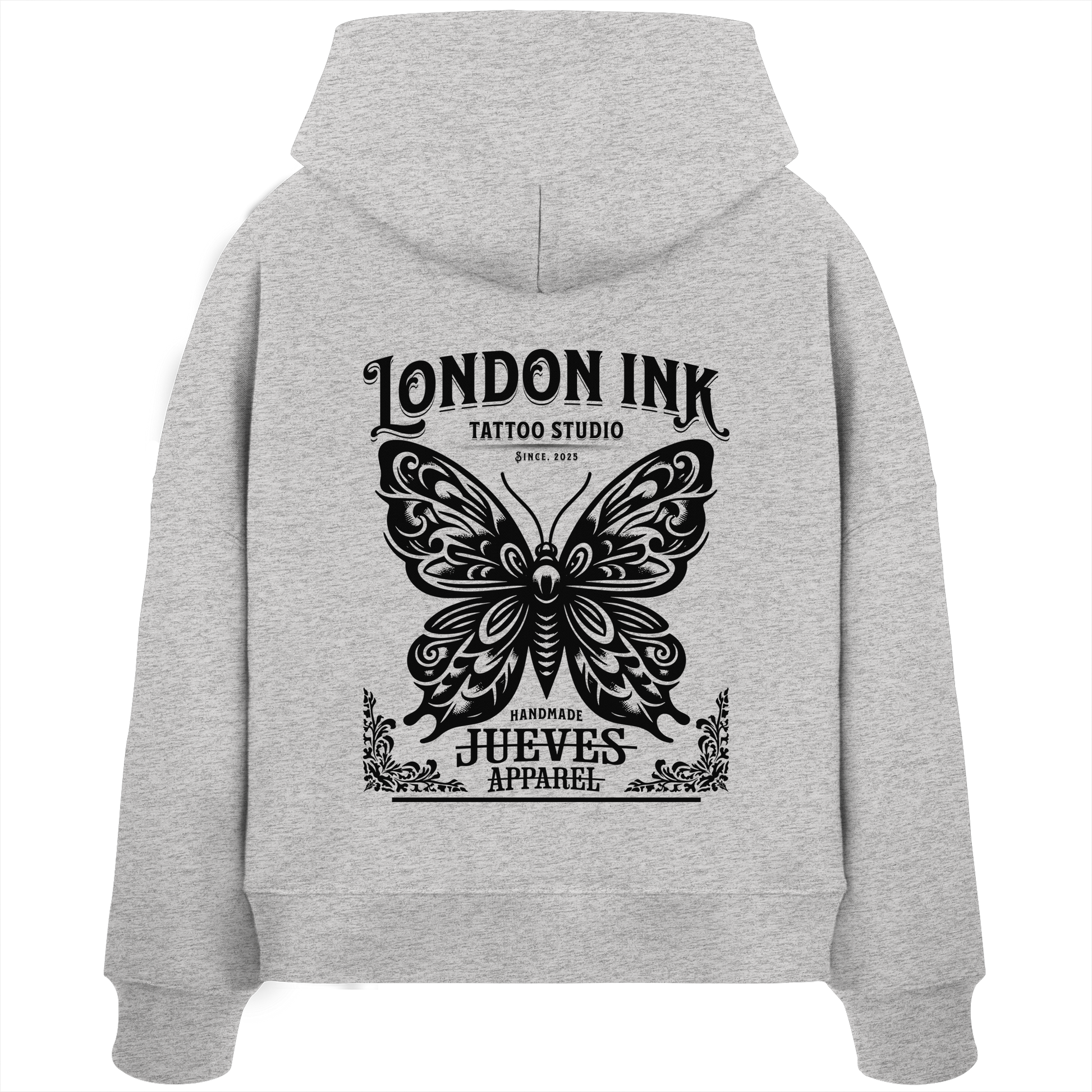 Rückansicht eines grauen Damen Oversized Boxcut Hoodies von Jueves Apparel aus 100 % Baumwolle, 300 g/m² – markanter Rückendruck und urbaner Streetwear-Look mit modernem Schnitt.