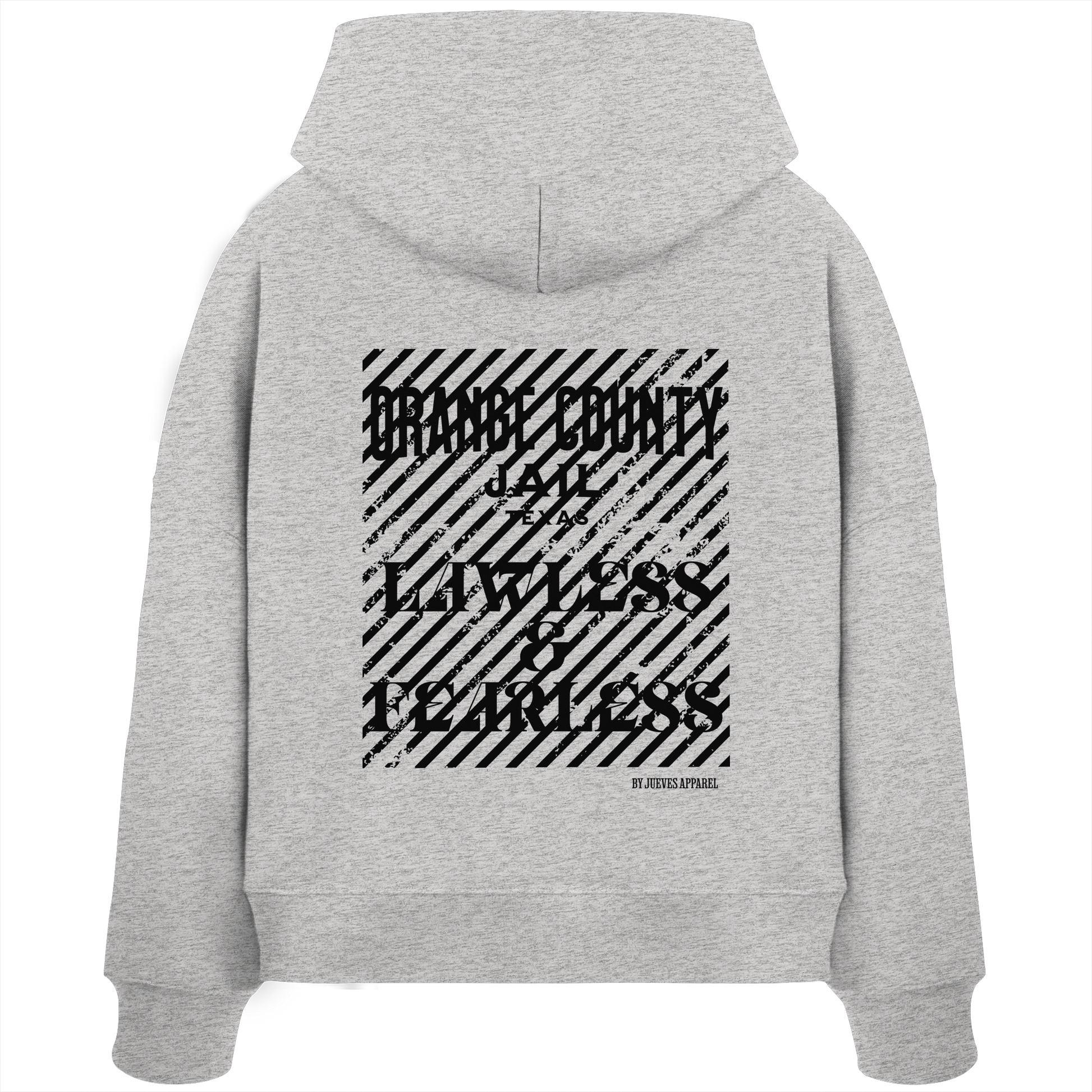 Rückansicht eines grauen Damen Oversized Boxcut Hoodies von Jueves Apparel aus 100 % Baumwolle, 300 g/m² – markanter Rückendruck und urbaner Streetwear-Look mit modernem Schnitt.