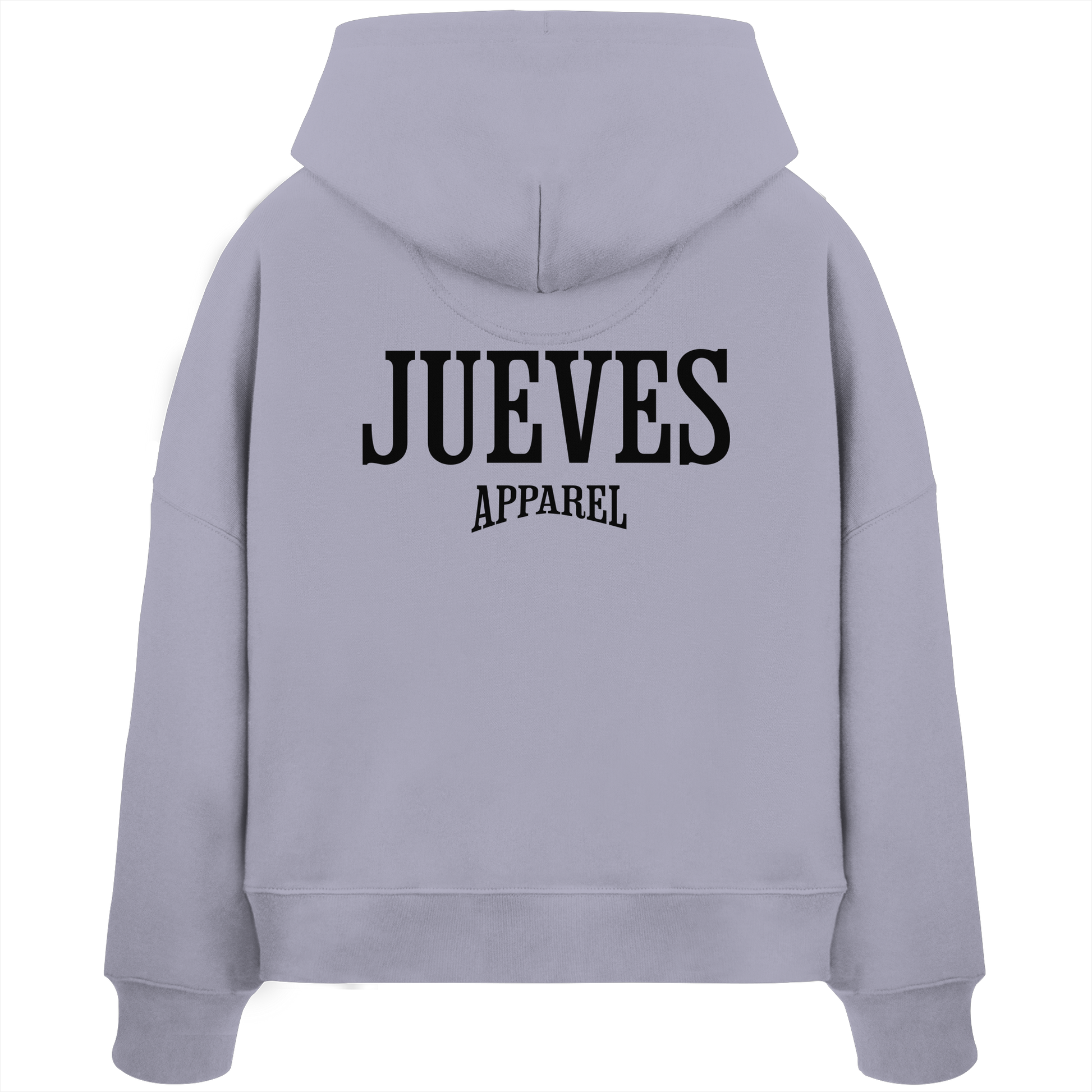 Rückansicht eines lavendel Damen Oversized Boxcut Hoodies von Jueves Apparel aus 100 % Baumwolle, 300 g/m² – markanter Rückendruck und urbaner Streetwear-Look mit modernem Schnitt.