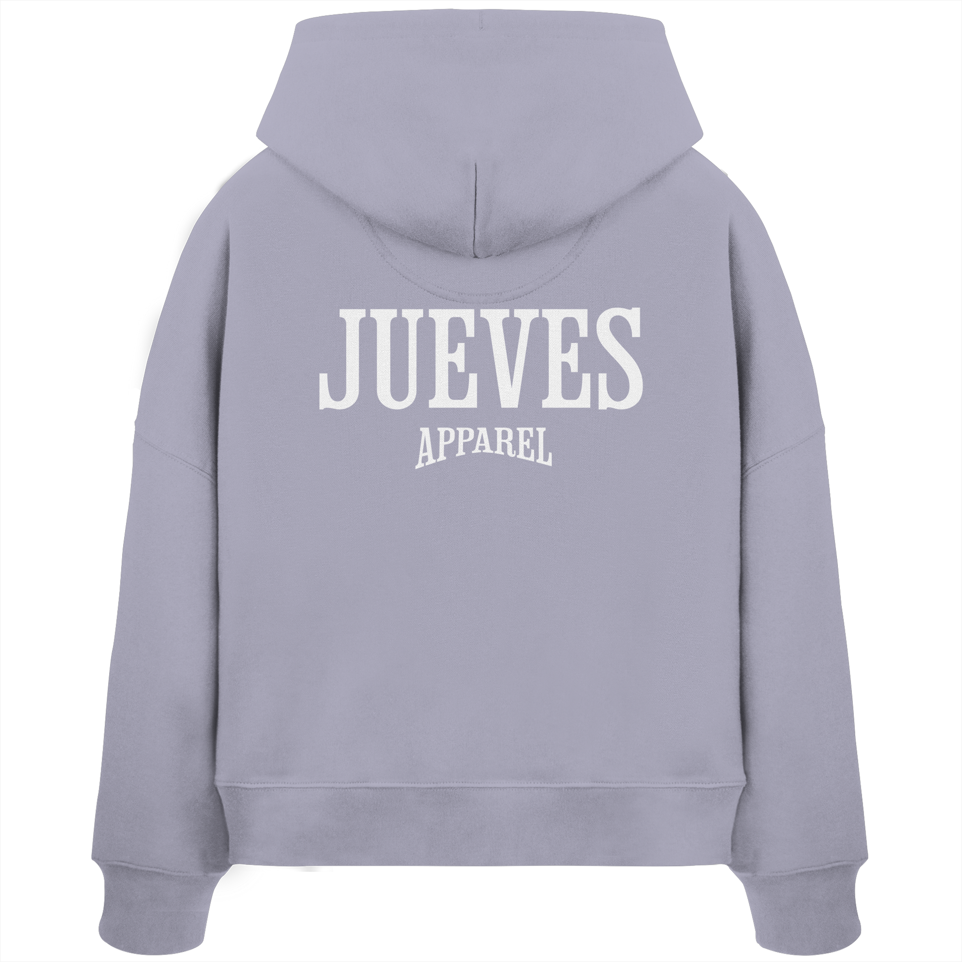 Rückansicht eines lavendel Damen Oversized Boxcut Hoodies von Jueves Apparel aus 100 % Baumwolle, 300 g/m² – markanter Rückendruck und urbaner Streetwear-Look mit modernem Schnitt.