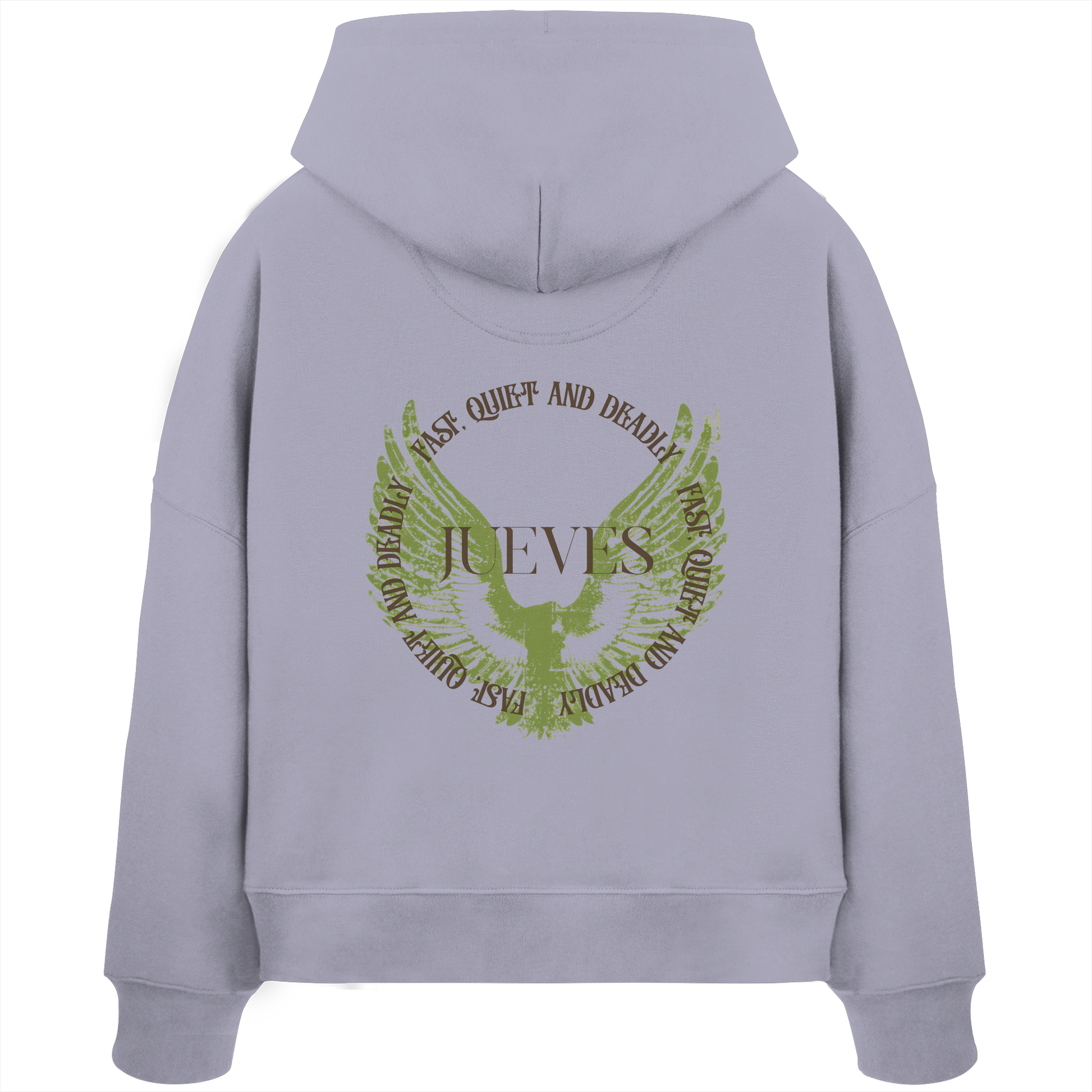 Rückansicht eines lavendel Damen Oversized Boxcut Hoodies von Jueves Apparel aus 100 % Baumwolle, 300 g/m² – markanter Rückendruck und urbaner Streetwear-Look mit modernem Schnitt.