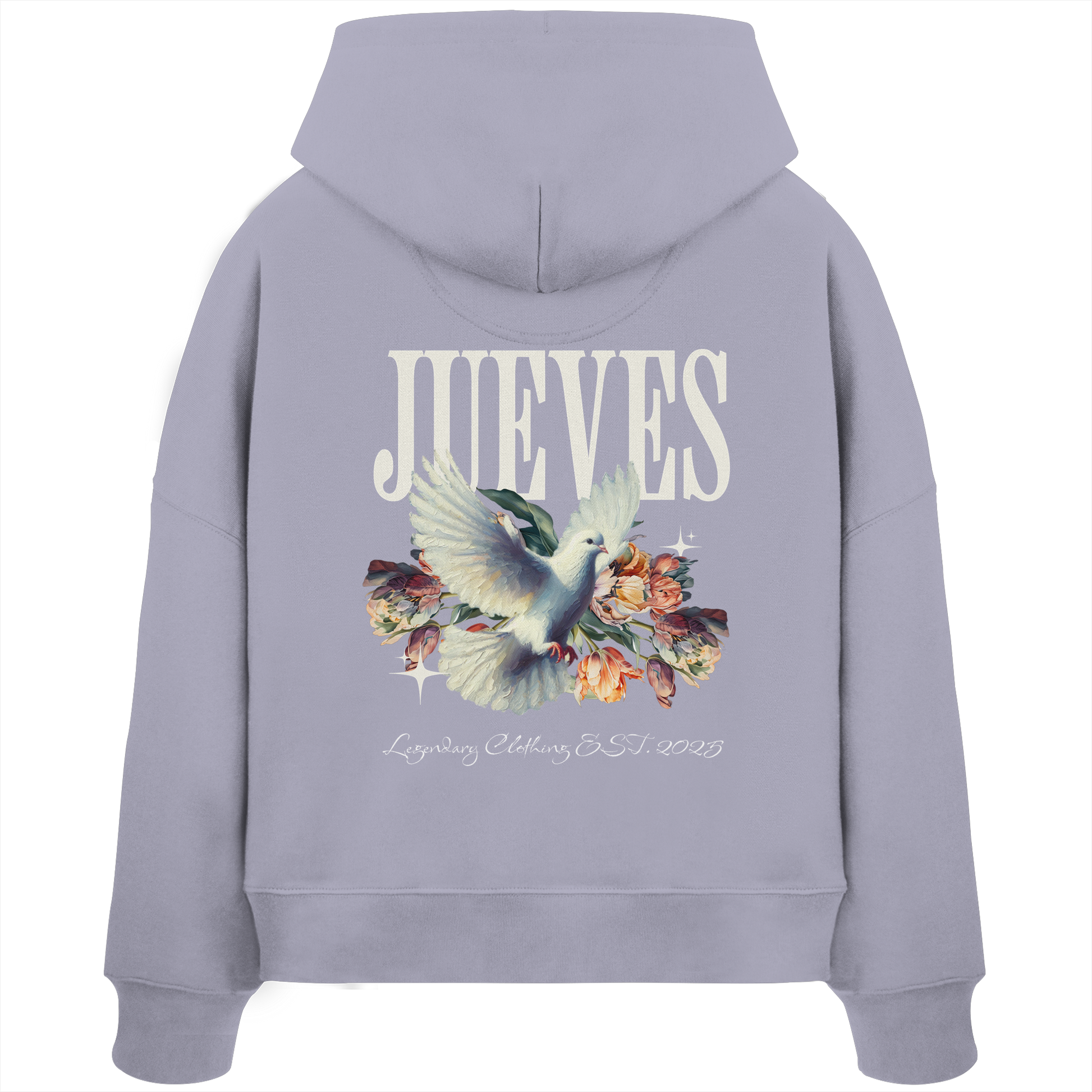 Rückansicht eines lavendel Damen Oversized Boxcut Hoodies von Jueves Apparel aus 100 % Baumwolle, 300 g/m² – markanter Rückendruck und urbaner Streetwear-Look mit modernem Schnitt.