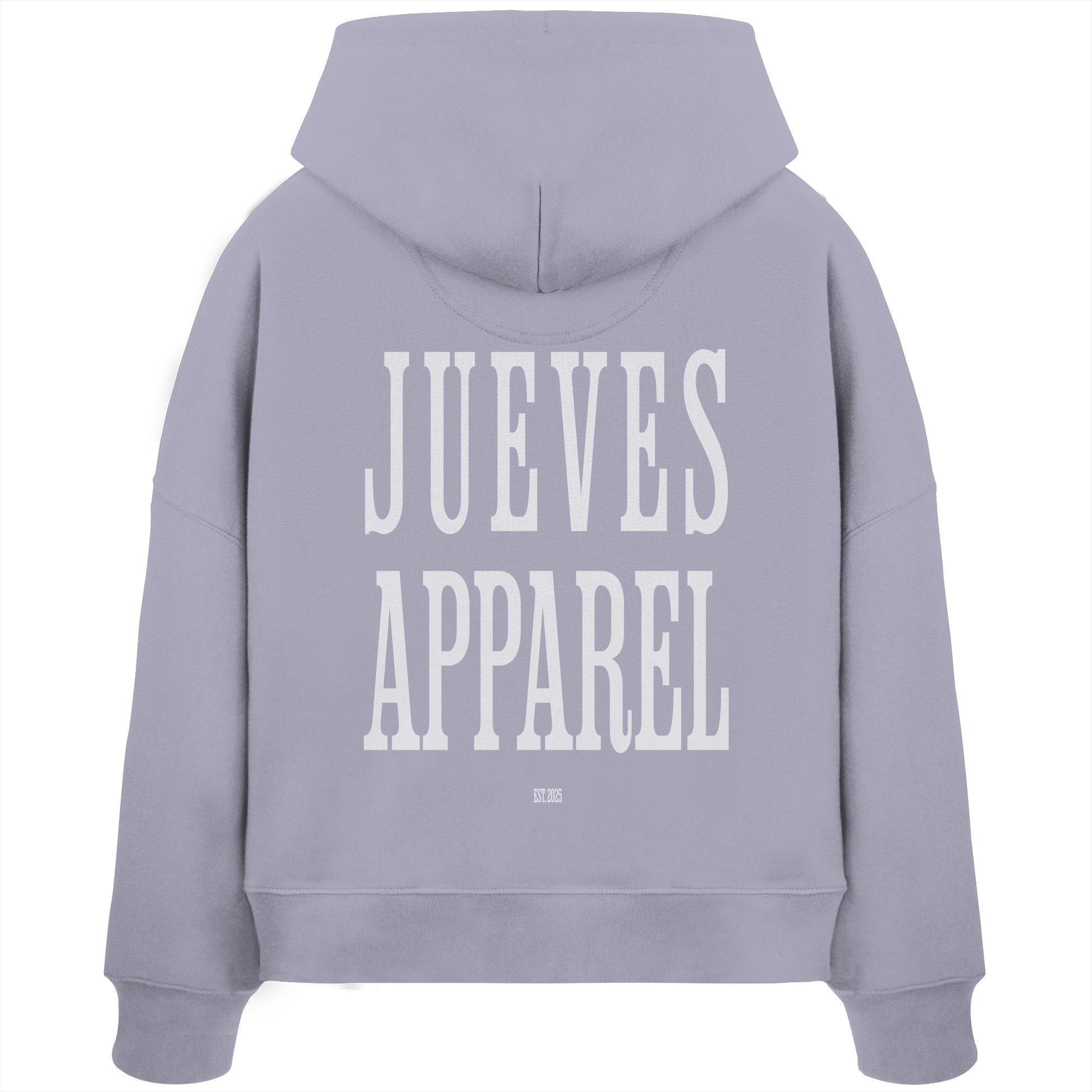 Rückansicht eines lavendel Damen Oversized Boxcut Hoodies von Jueves Apparel aus 100 % Baumwolle, 300 g/m² – markanter Rückendruck und urbaner Streetwear-Look mit modernem Schnitt.