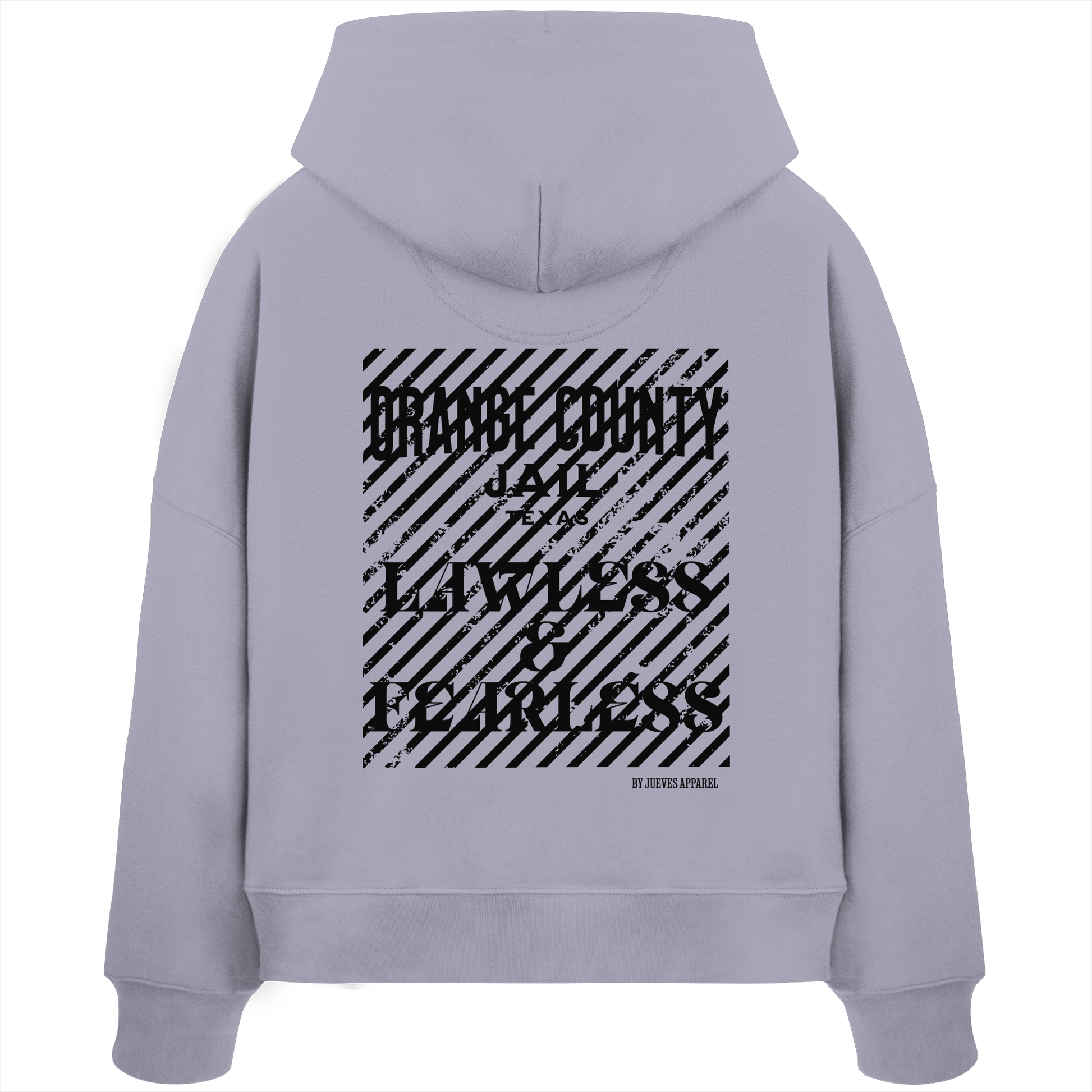 Rückansicht eines lavendel Damen Oversized Boxcut Hoodies von Jueves Apparel aus 100 % Baumwolle, 300 g/m² – markanter Rückendruck und urbaner Streetwear-Look mit modernem Schnitt.