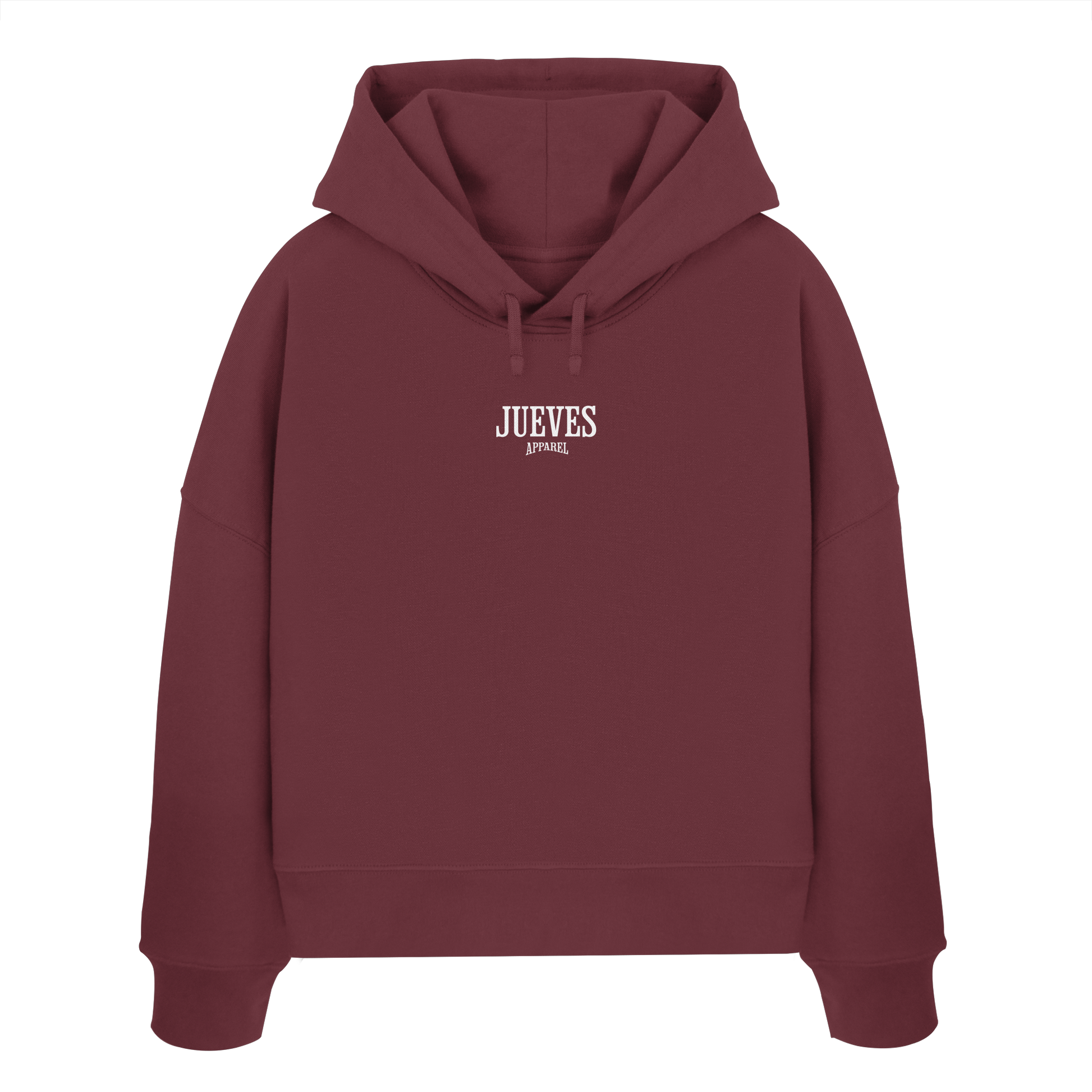Frontansicht des roten Damen oversized Boxcut Hoodies von Jueves Apparel mit oversized Schnitt, Druck auf der Brust– Streetwear aus 100 % Bio-Baumwolle, 300 g/m² Stoffgewicht.