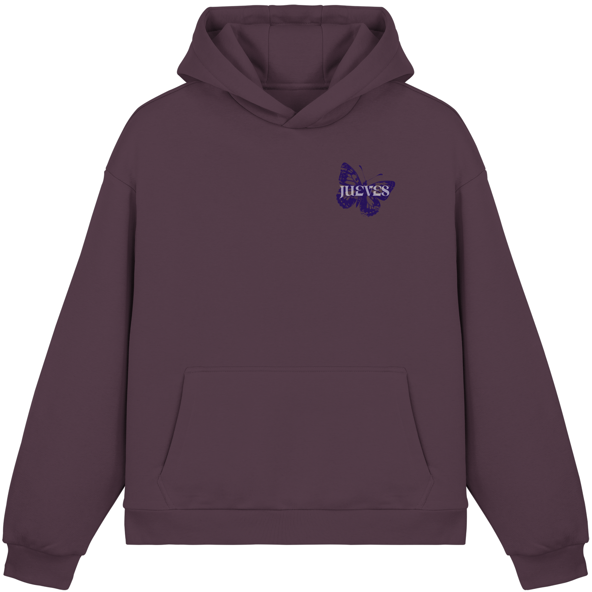 roter Oversized Boxcut Hoodie von Jueves Apparel mit Brustdruck – nachhaltige Streetwear aus 70% Baumwolle