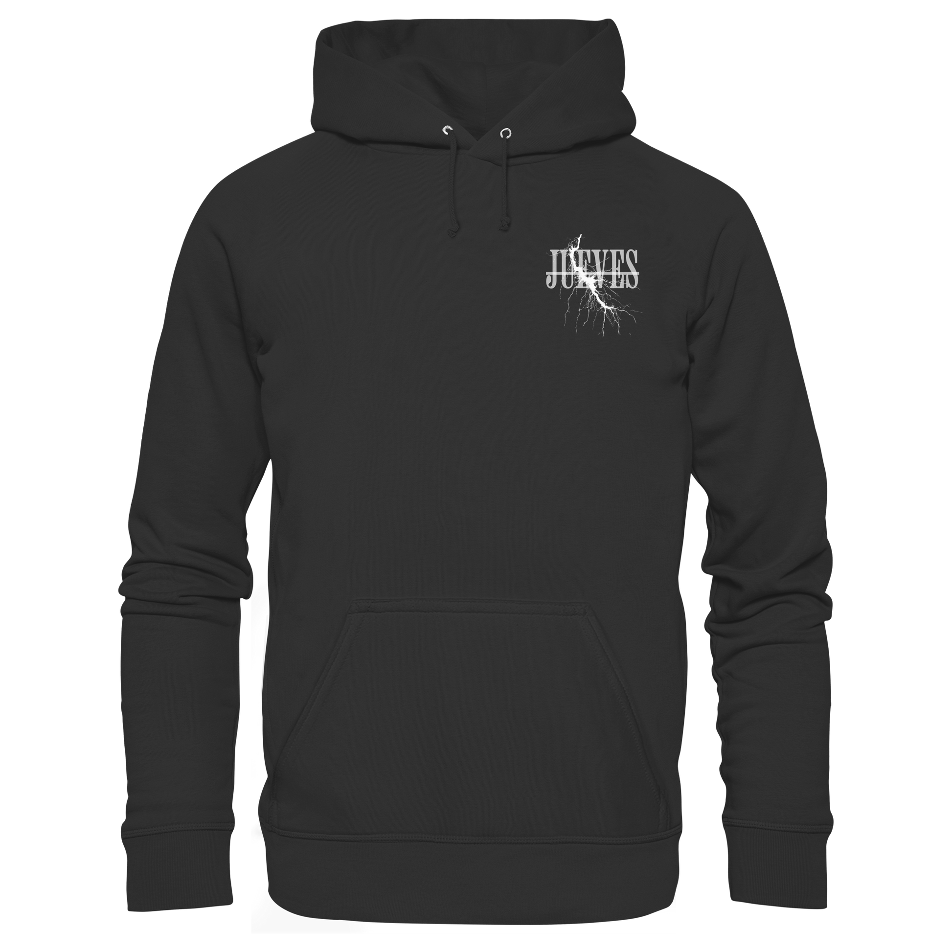 schwarzer Classic Hoodie von Jueves Apparel mit kleinem Brustdruck im klassischen Schnitt – nachhaltiger Streetwear-Look aus 100 % Bio-Baumwolle