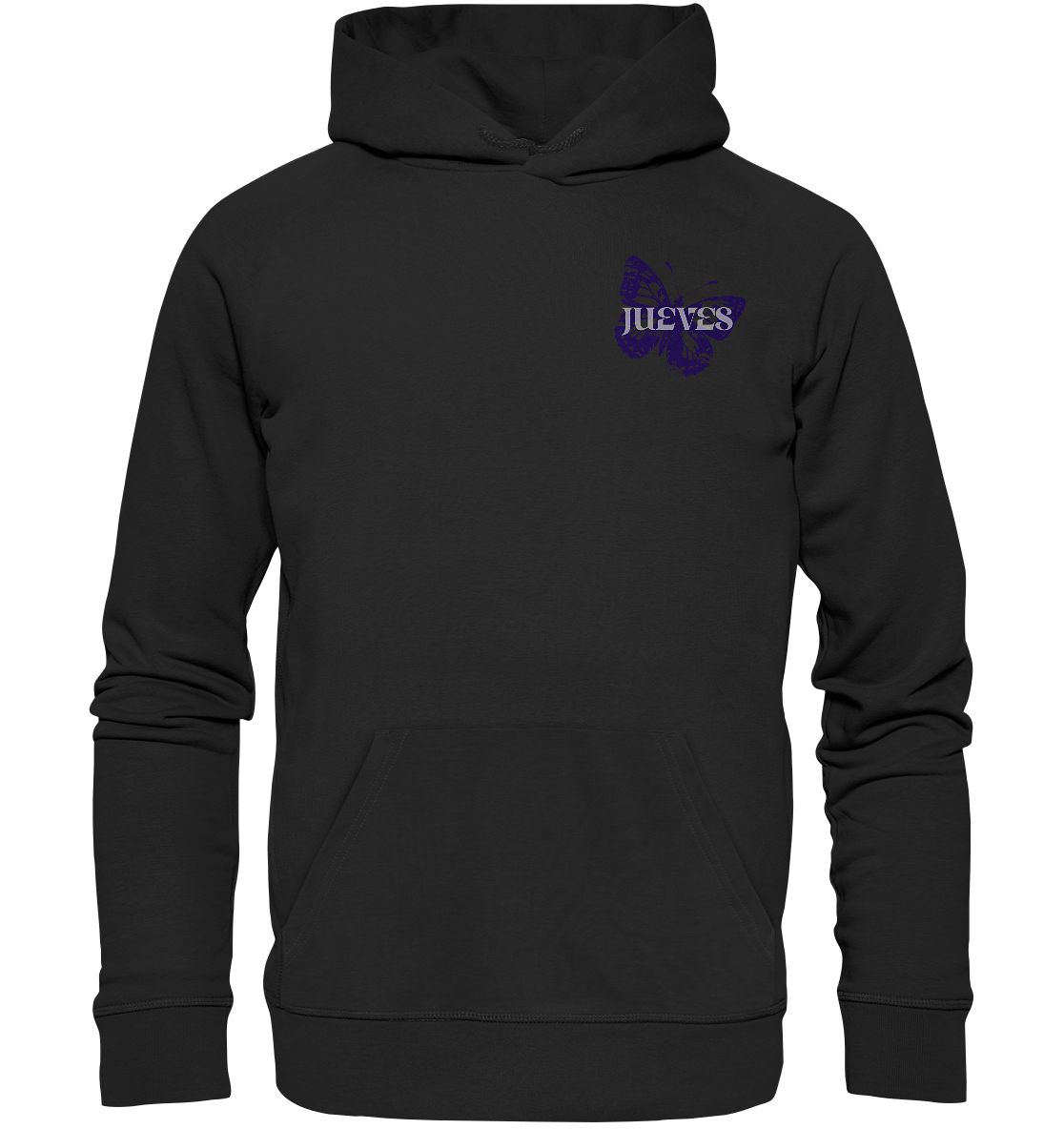 Schwarzer Classic Hoodie von Jueves Apparel mit kleinem Brustdruck im klassischen Schnitt – nachhaltiger Streetwear-Look aus 100 % Bio-Baumwolle