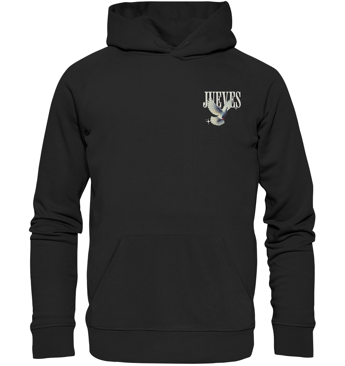Schwarzer Classic Hoodie von Jueves Apparel mit kleinem Brustdruck im klassischen Schnitt – nachhaltiger Streetwear-Look aus 100 % Bio-Baumwolle