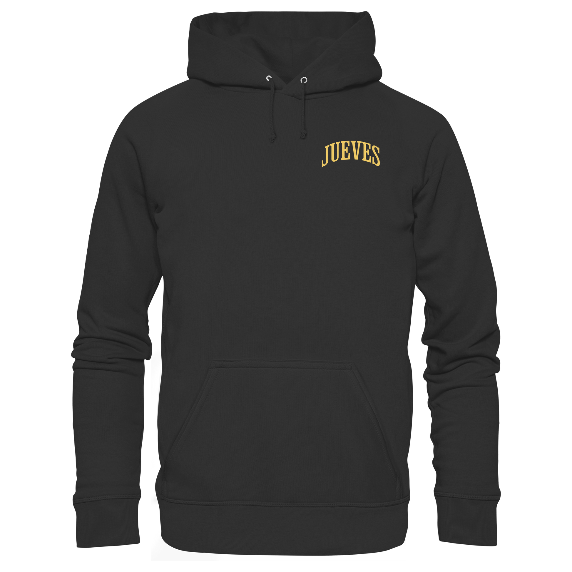 schwarzer Classic Hoodie von Jueves Apparel mit kleinem Brustdruck im klassischen Schnitt – nachhaltiger Streetwear-Look aus 100 % Bio-Baumwolle