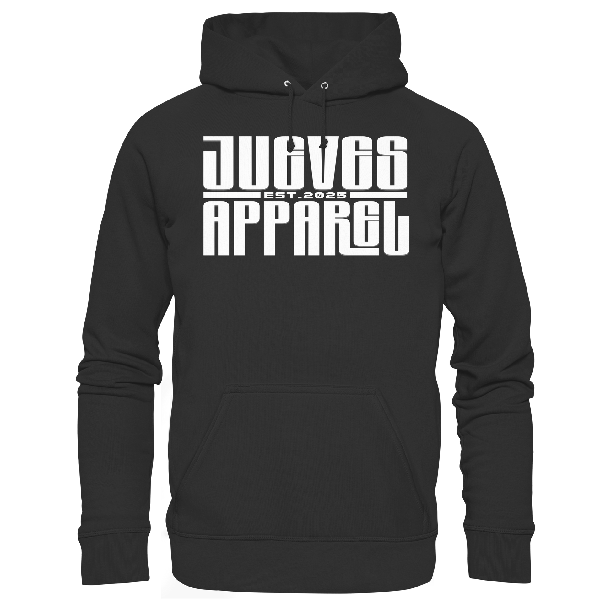 schwarzer Classic Hoodie von Jueves Apparel mit Brustdruck im klassischen Schnitt – nachhaltiger Streetwear-Look aus 100 % Bio-Baumwolle