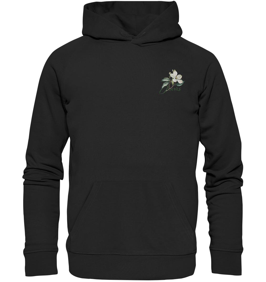 schwarzer Classic Hoodie von Jueves Apparel mit kleinem Brustdruck im klassischen Schnitt – nachhaltiger Streetwear-Look aus 100 % Bio-Baumwolle