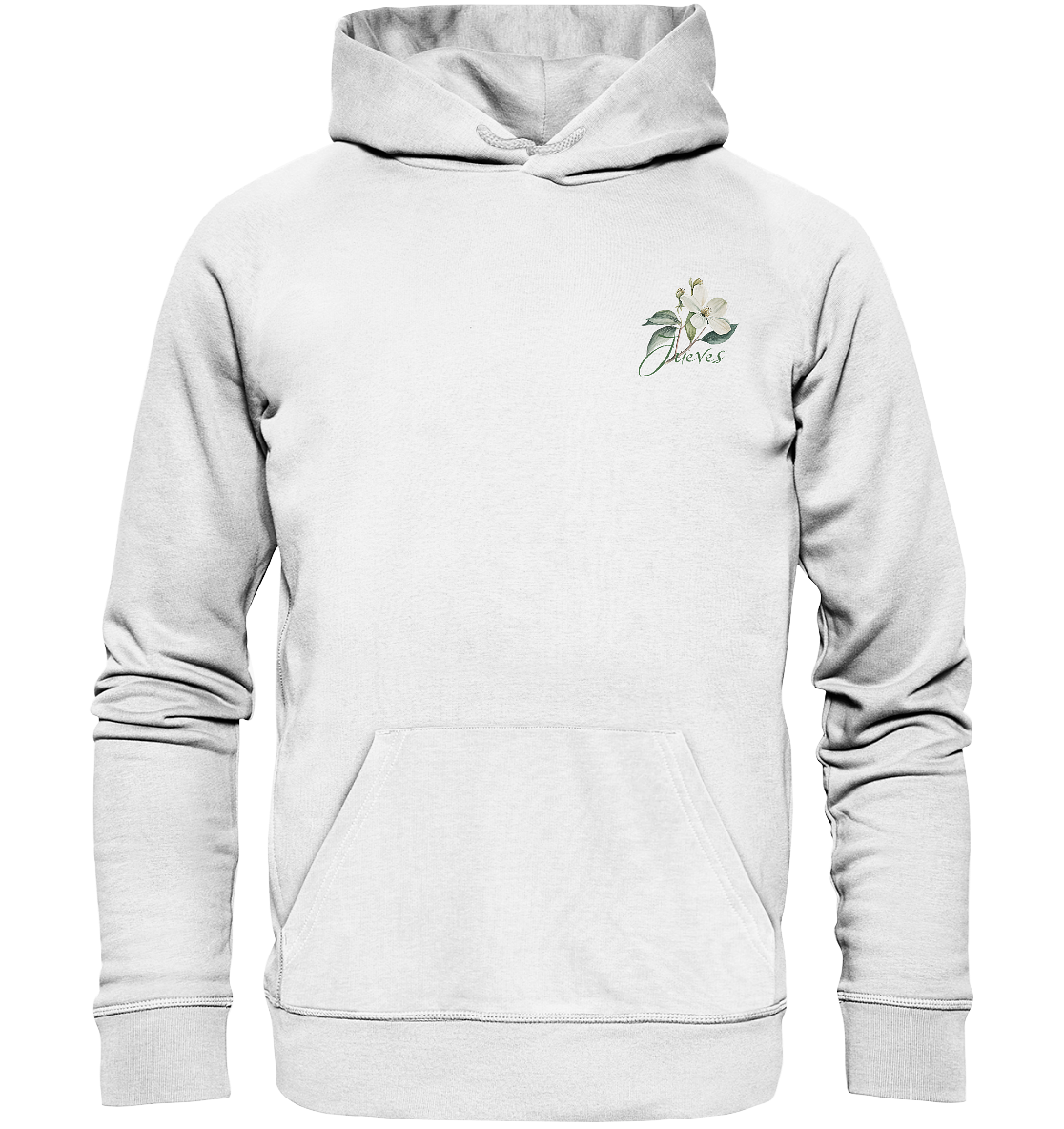 weißer Classic Hoodie von Jueves Apparel mit kleinem Brustdruck im klassischen Schnitt – nachhaltiger Streetwear-Look aus 100 % Bio-Baumwolle
