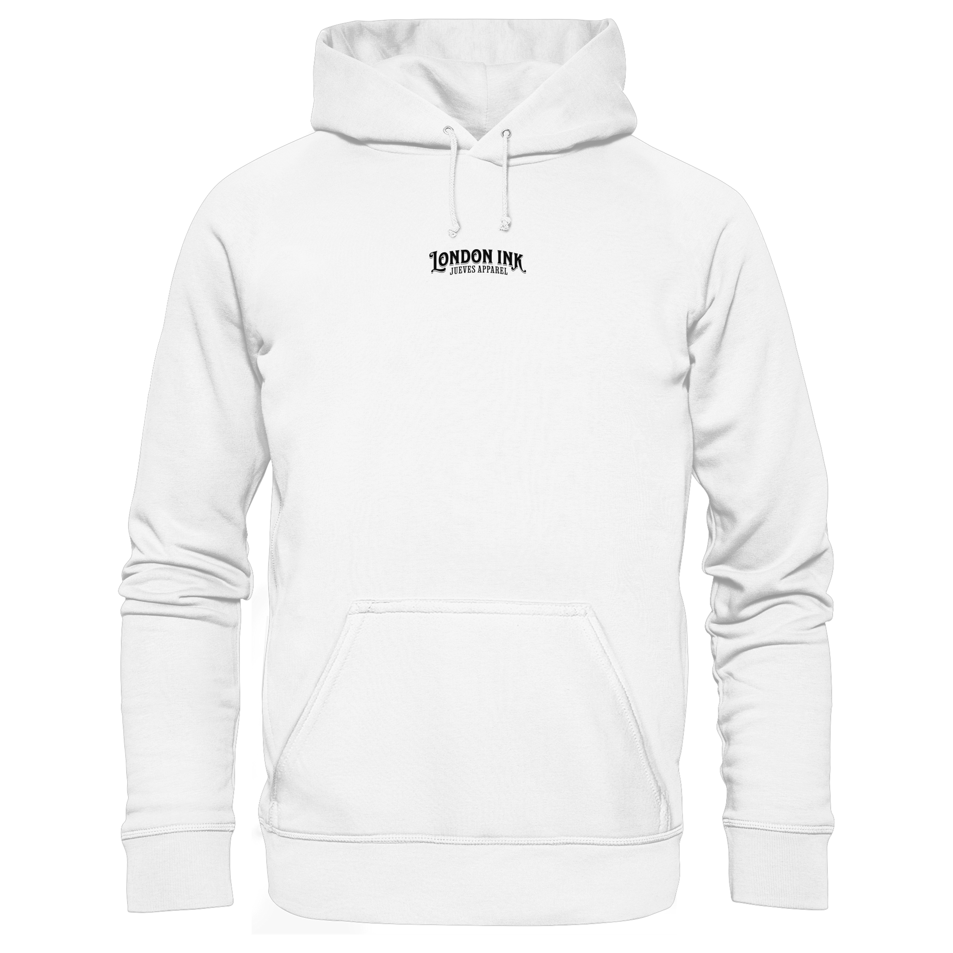 Frontansicht des schwarzen classic Hoodies von Jueves Apparel mit klassischem Schnitt, Druck auf der Brust– Streetwear aus 100 % Bio-Baumwolle, 350 g/m² Stoffgewicht.