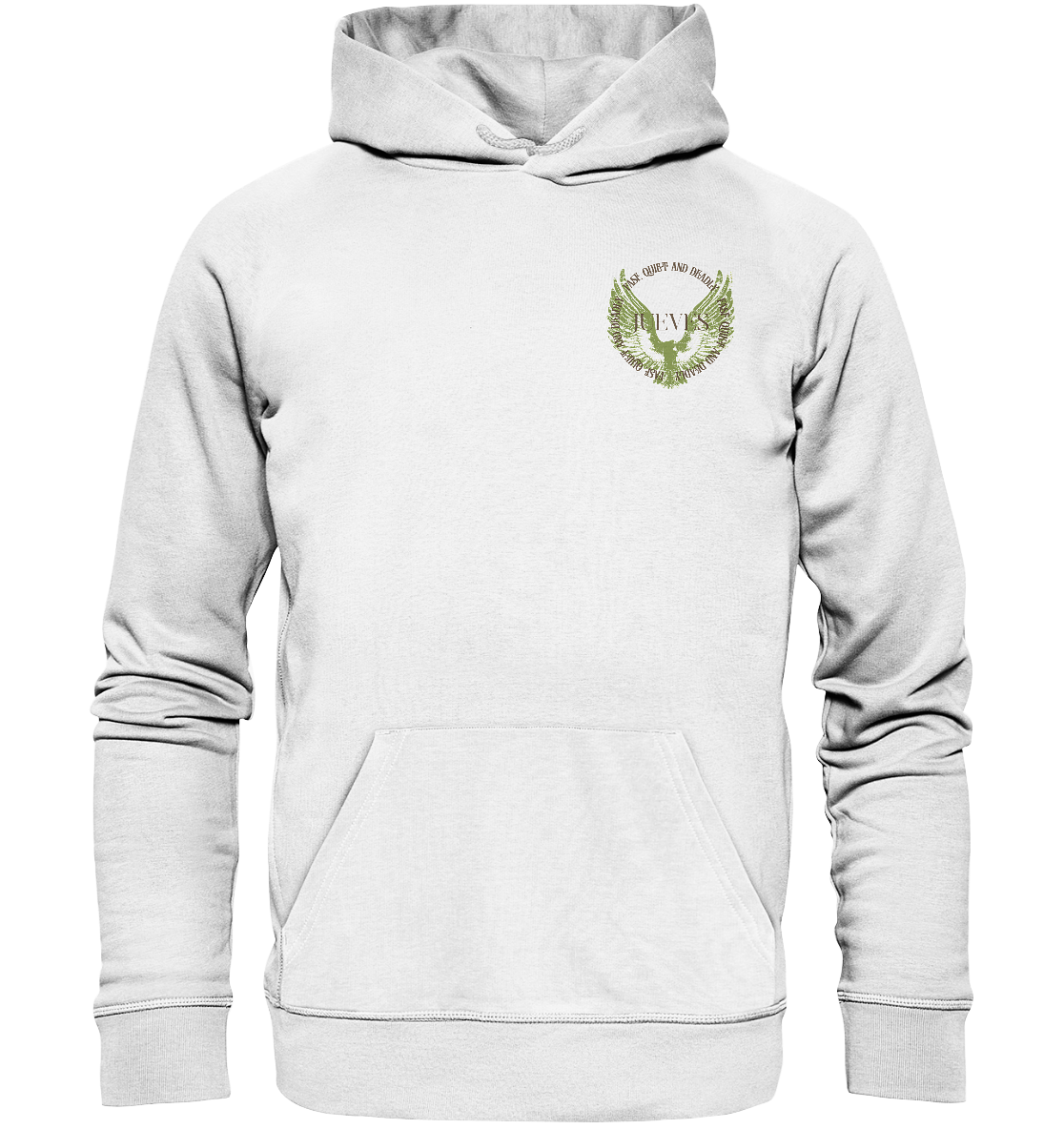 weißer Classic Hoodie von Jueves Apparel mit kleinem Brustdruck im klassischen Schnitt – nachhaltiger Streetwear-Look aus 100 % Bio-Baumwolle
