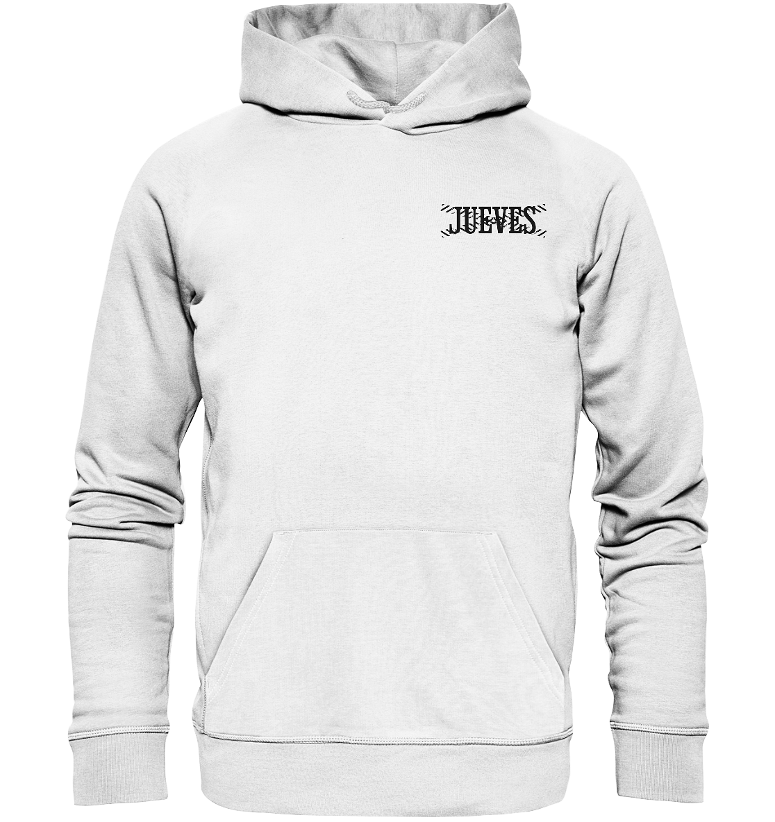 Classic Hoodie von Jueves Apparel in weiß mit kleinem Brustdruck – nachhaltiger Streetwear-Look aus 100 % Bio-Baumwolle