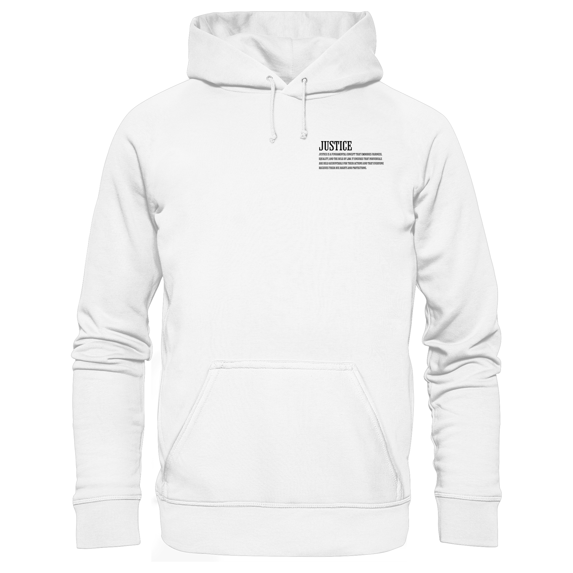 weißer Classic Hoodie von Jueves Apparel mit kleinem Brustdruck im klassischen Schnitt – nachhaltiger Streetwear-Look aus 100 % Bio-Baumwolle
