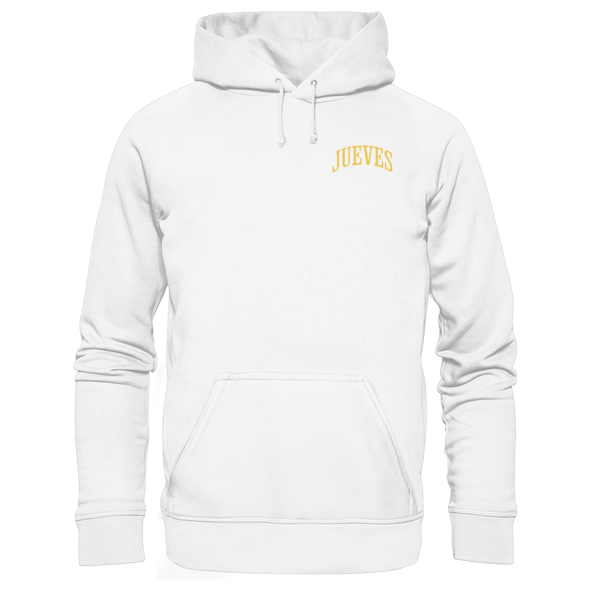 weißer Classic Hoodie von Jueves Apparel mit kleinem Brustdruck im klassischen Schnitt – nachhaltiger Streetwear-Look aus 100 % Bio-Baumwolle