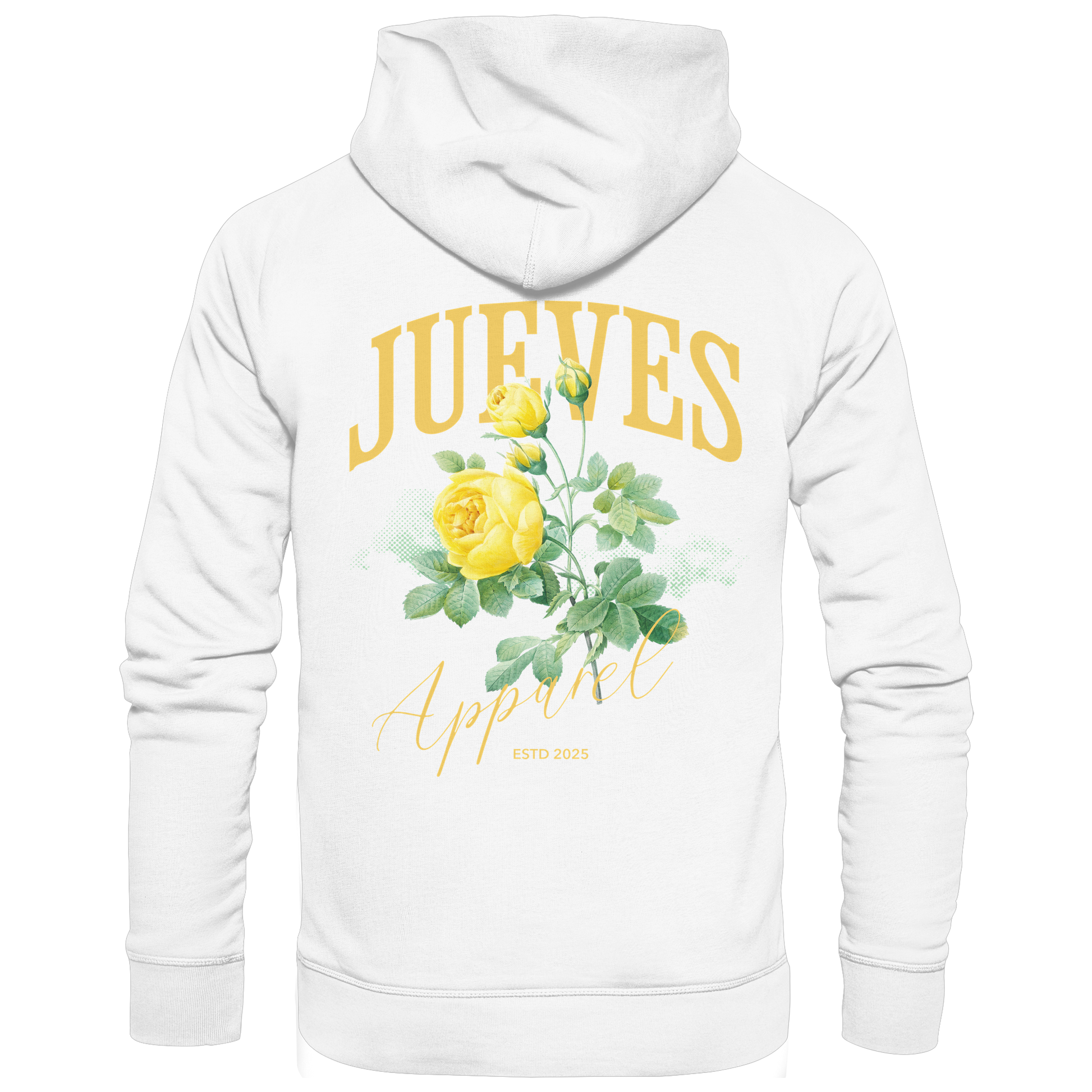 weißer Jueves Apparel Classic Hoodie mit markantem Rückendruck – urbaner Streetwear-Style aus Bio-Baumwolle