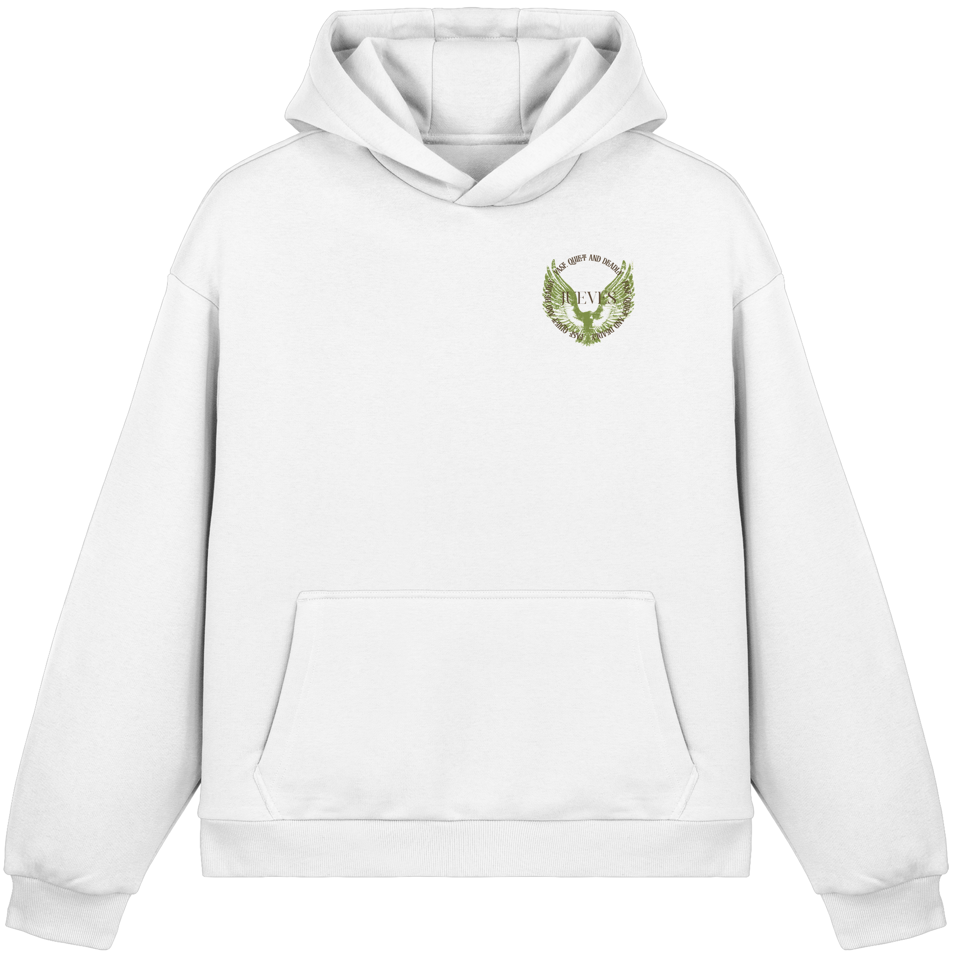weißer Oversized Boxcut Hoodie von Jueves Apparel mit Brustdruck – nachhaltige Streetwear aus 70% Baumwolle