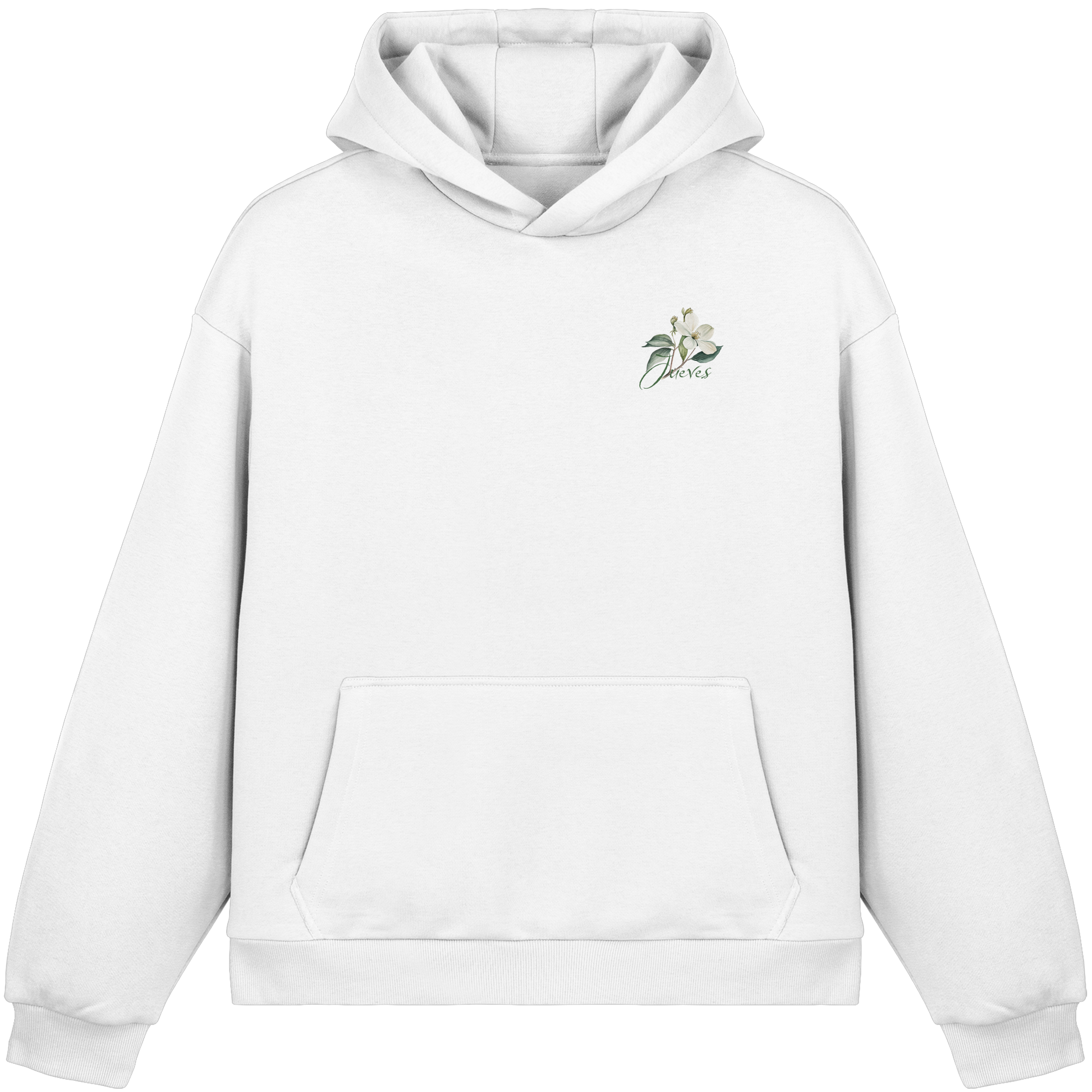 weißer Oversized Boxcut Hoodie von Jueves Apparel mit Brustdruck – nachhaltige Streetwear aus 70% Baumwolle