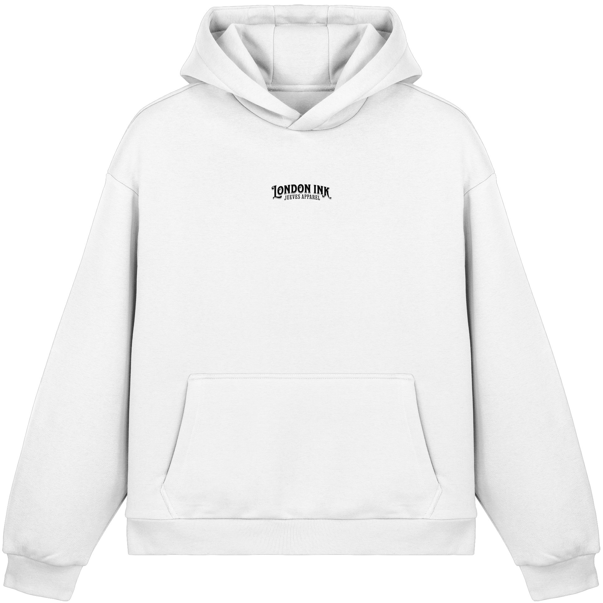 Frontansicht des weißen oversized Boxcut Hoodies von Jueves Apparel mit oversized Schnitt, Druck auf der Brust– Streetwear aus 100 % Bio-Baumwolle, 220 g/m² Stoffgewicht.
