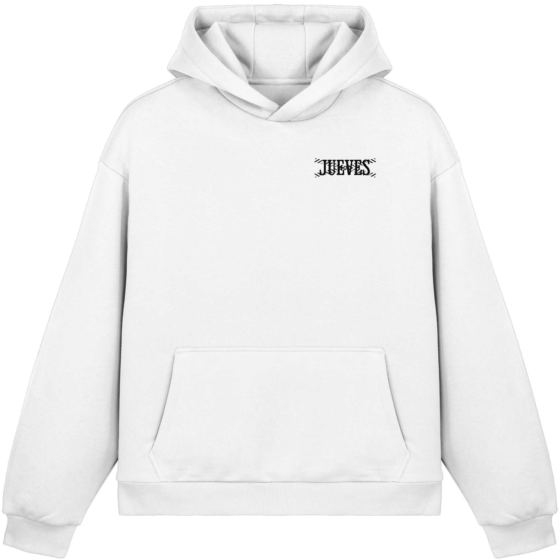weißer Oversized Boxcut Hoodie von Jueves Apparel mit Brustdruck – nachhaltige Streetwear aus 70% Baumwolle