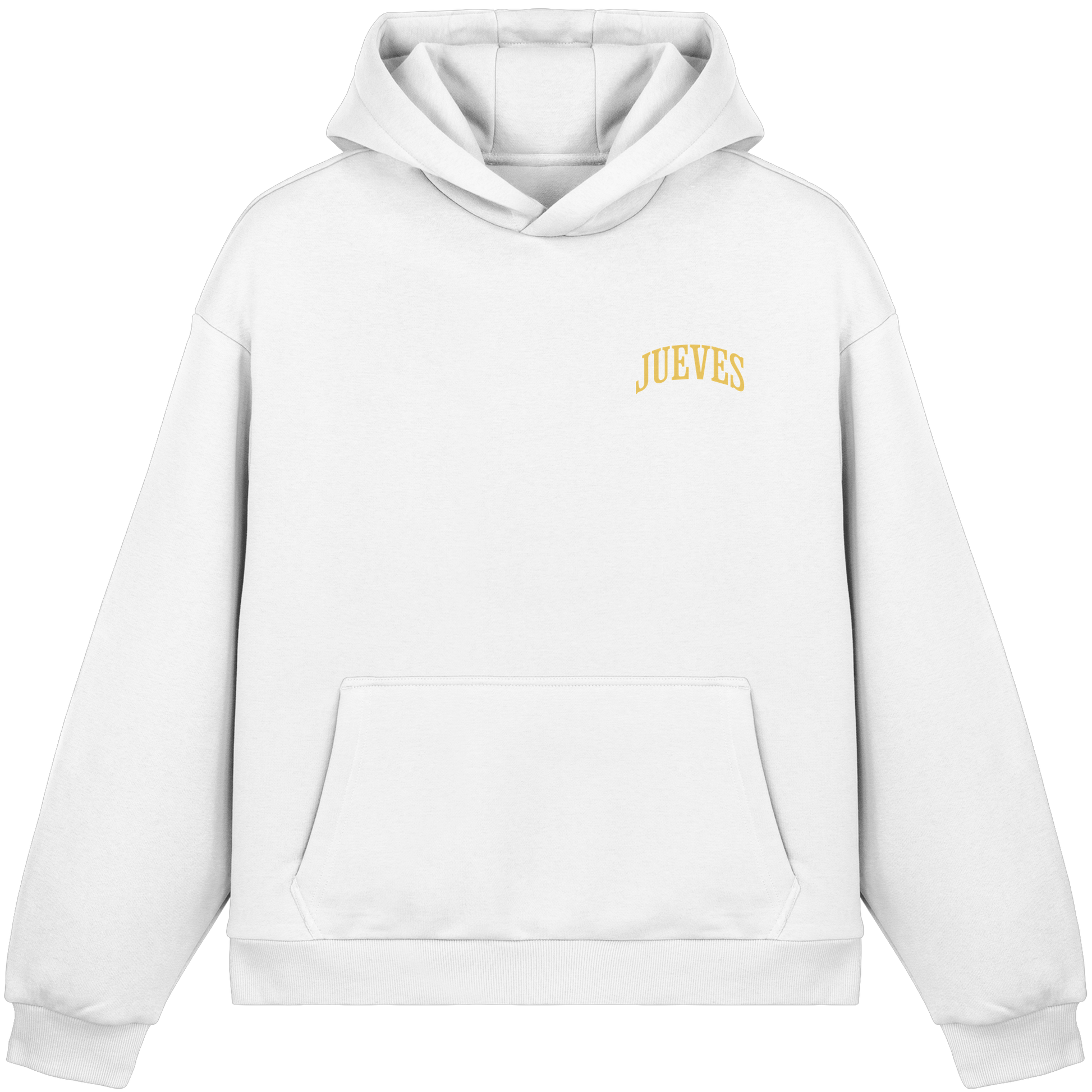 Frontansicht des weißen oversized Boxcut Hoodies von Jueves Apparel mit oversized Schnitt, Druck auf der Brust– Streetwear aus 100 % Bio-Baumwolle, 220 g/m² Stoffgewicht.