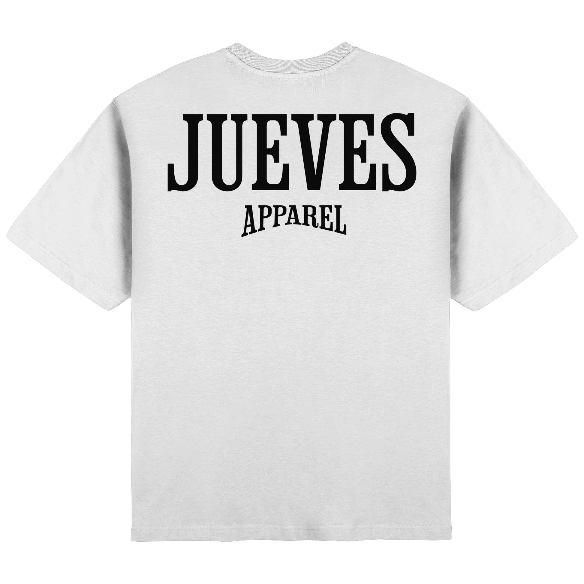 Rückansicht des weißen Oversized T-Shirts von Jueves Apparel mit Rückendruck – urbaner Streetwear-Look aus 100 % Baumwolle