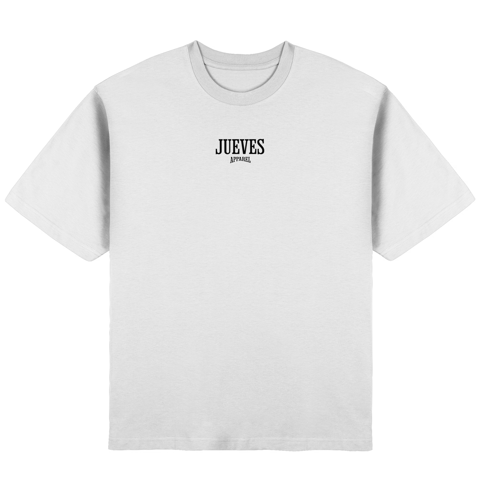 Frontansicht des weißen Oversized T-Shirts von Jueves Apparel mit Brustdruck – urbaner Streetwear-Look aus 100 % Baumwolle