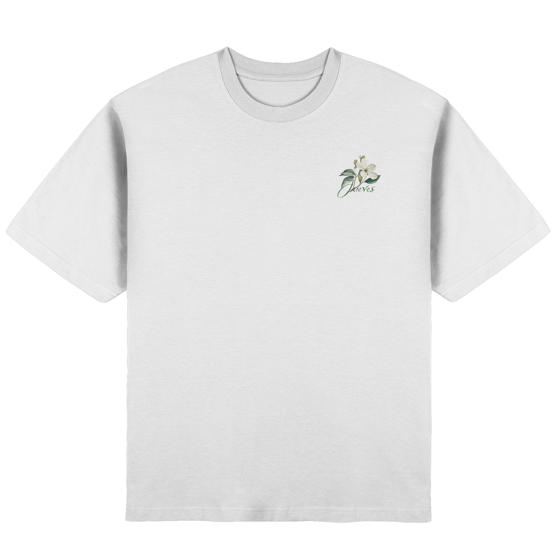 Frontansicht des beigen Oversized T-Shirts von Jueves Apparel mit Brustdruck – urbaner Streetwear-Look aus 100 % Baumwolle