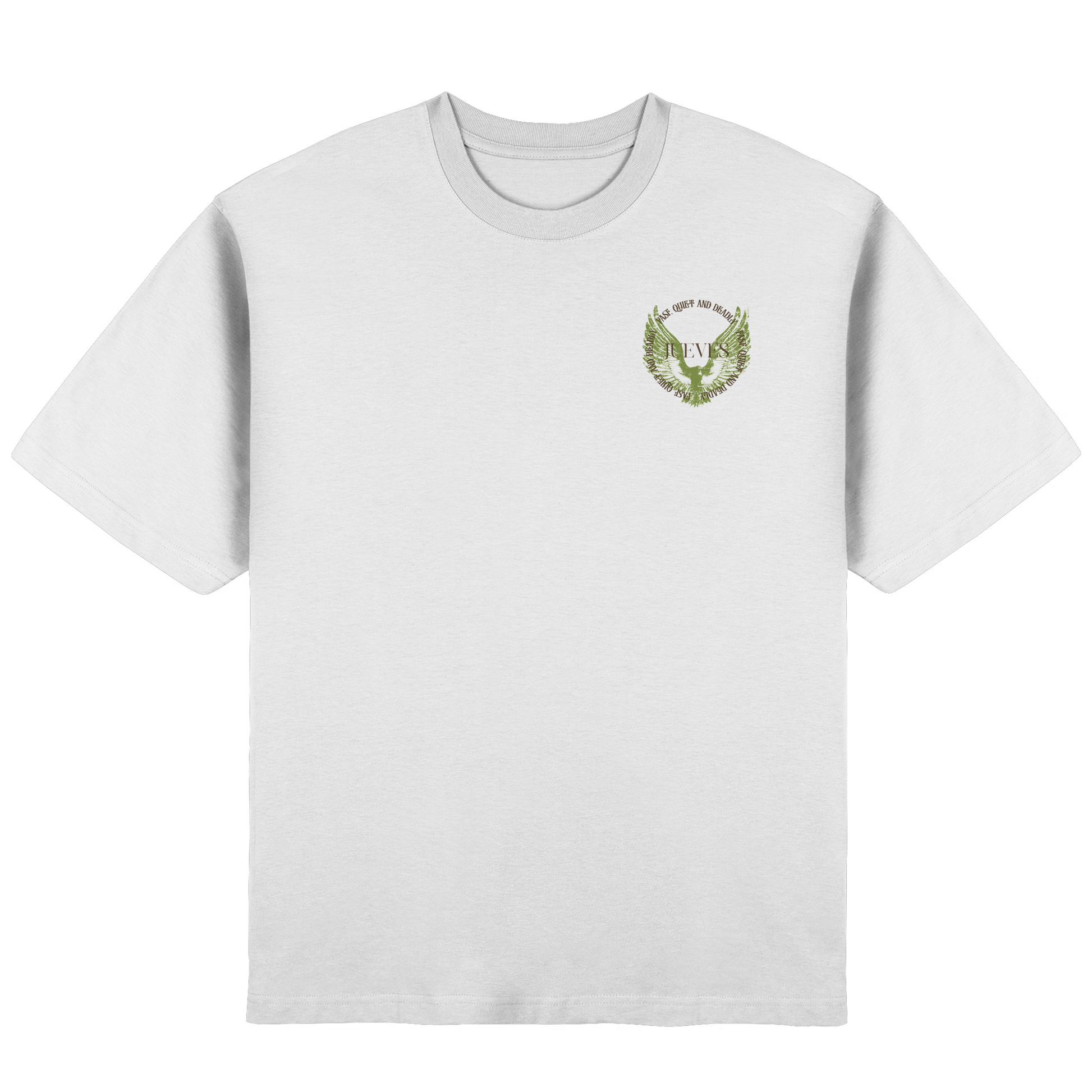 Frontansicht des beigen Oversized T-Shirts von Jueves Apparel mit Brustdruck – urbaner Streetwear-Look aus 100 % Baumwolle