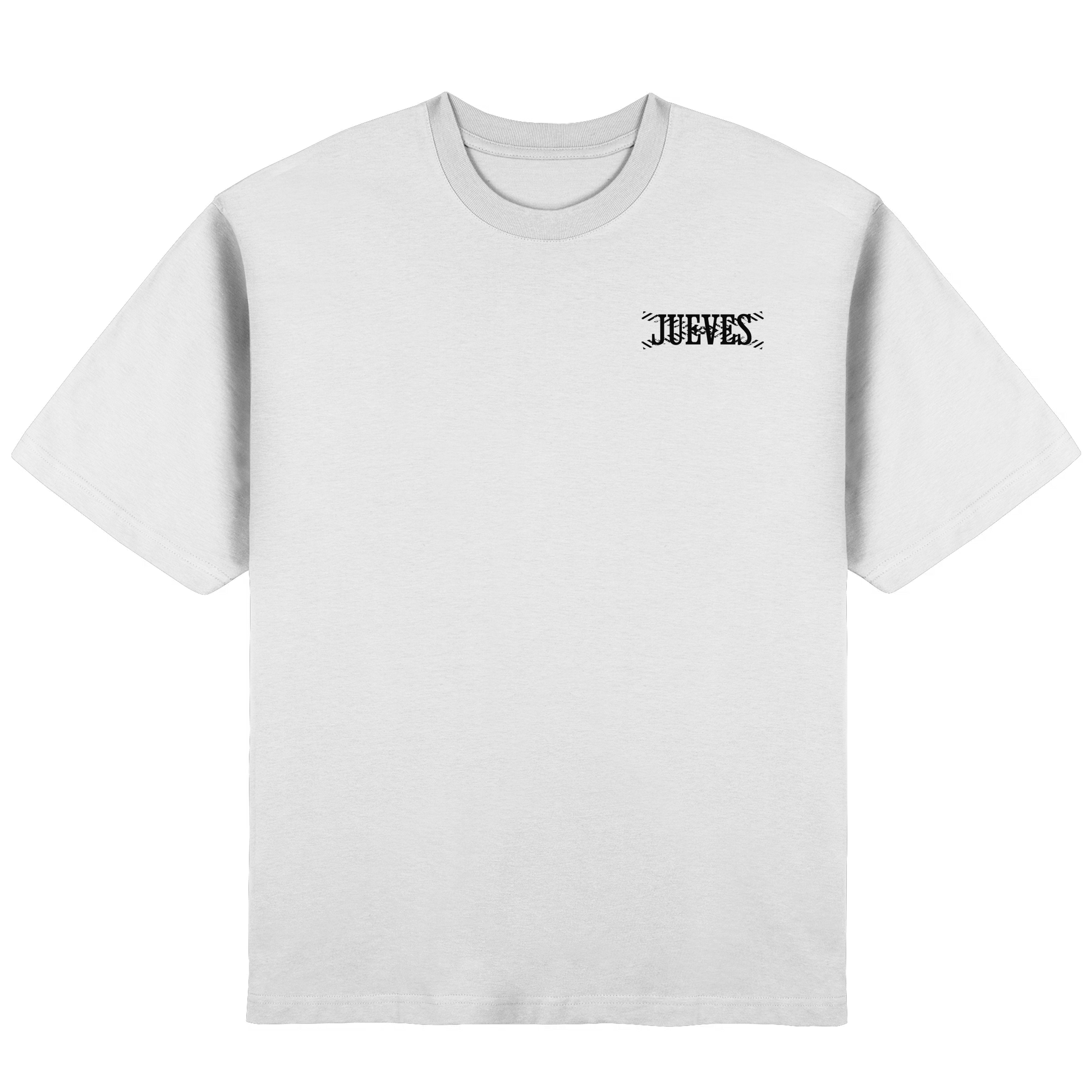 Frontansicht des weißen Oversized T-Shirts von Jueves Apparel mit Brustdruck – urbaner Streetwear-Look aus 100 % Baumwolle