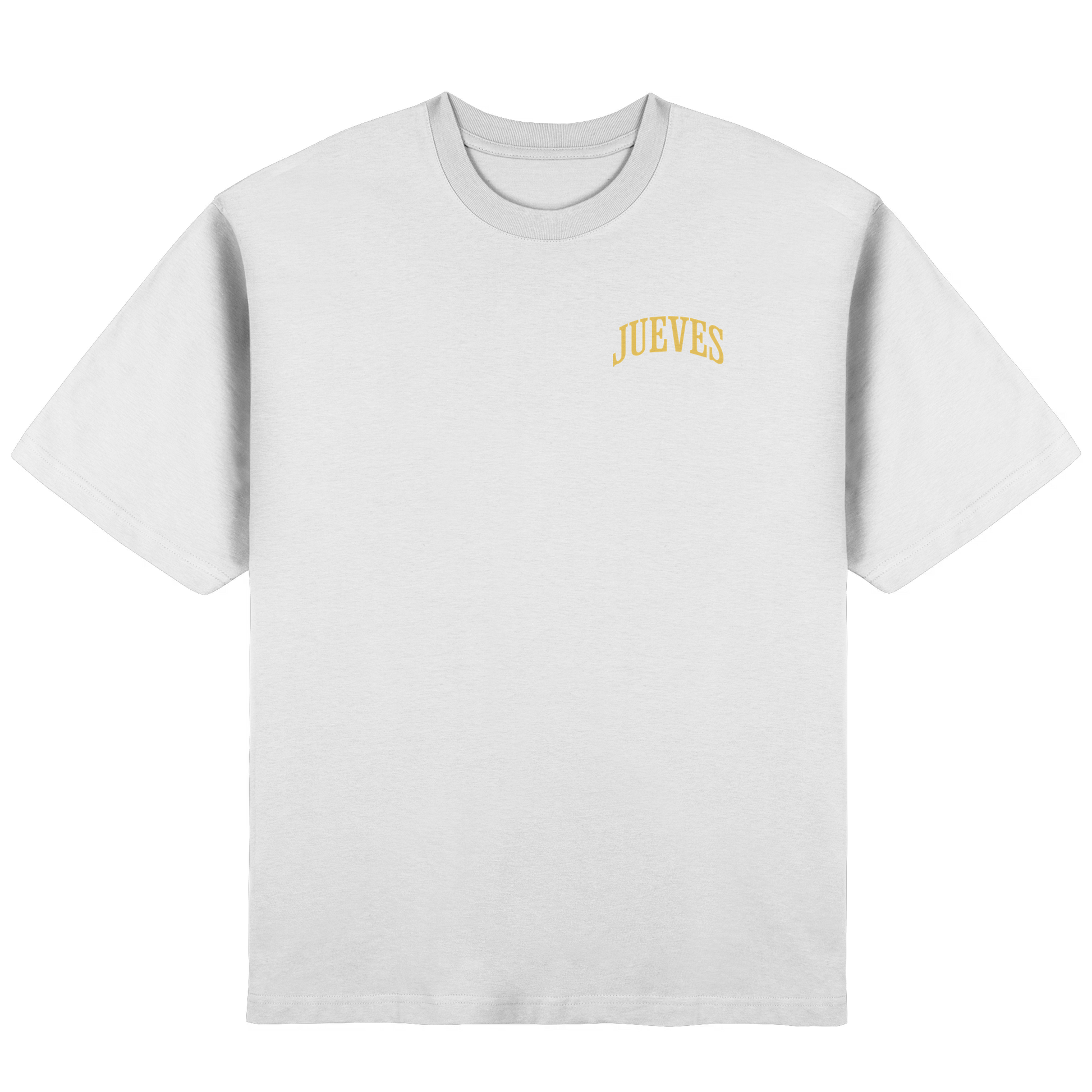 Frontansicht des weißen Oversized T-Shirts von Jueves Apparel mit Brustdruck – urbaner Streetwear-Look aus 100 % Baumwolle
