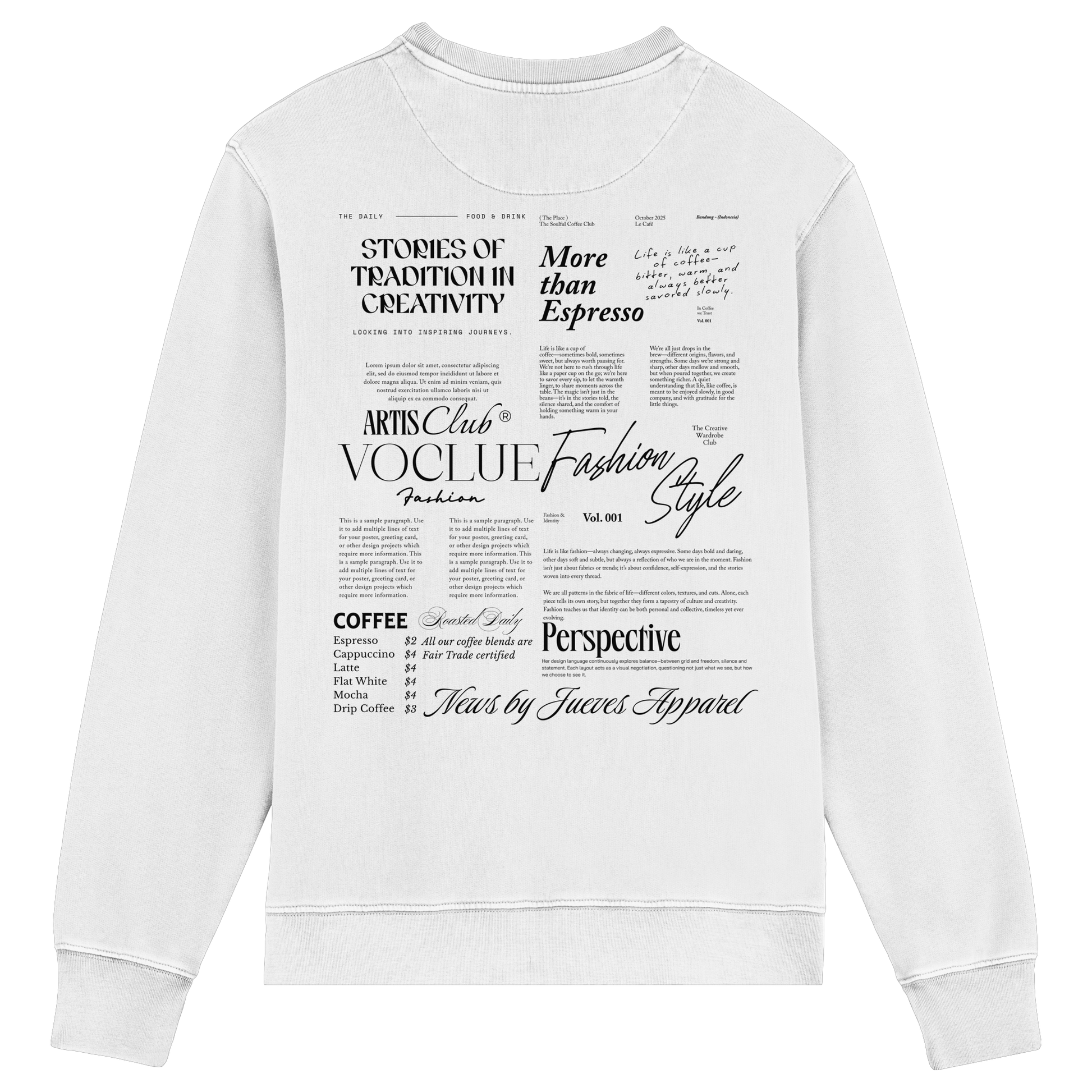 Rückansicht des weißen Classic Sweatshirts von Jueves Apparel mit großem Rückendruck – klassischer Fit aus 85 % Bio-Baumwolle, 15 % Polyester, 300 g/m² Stoffgewicht.
