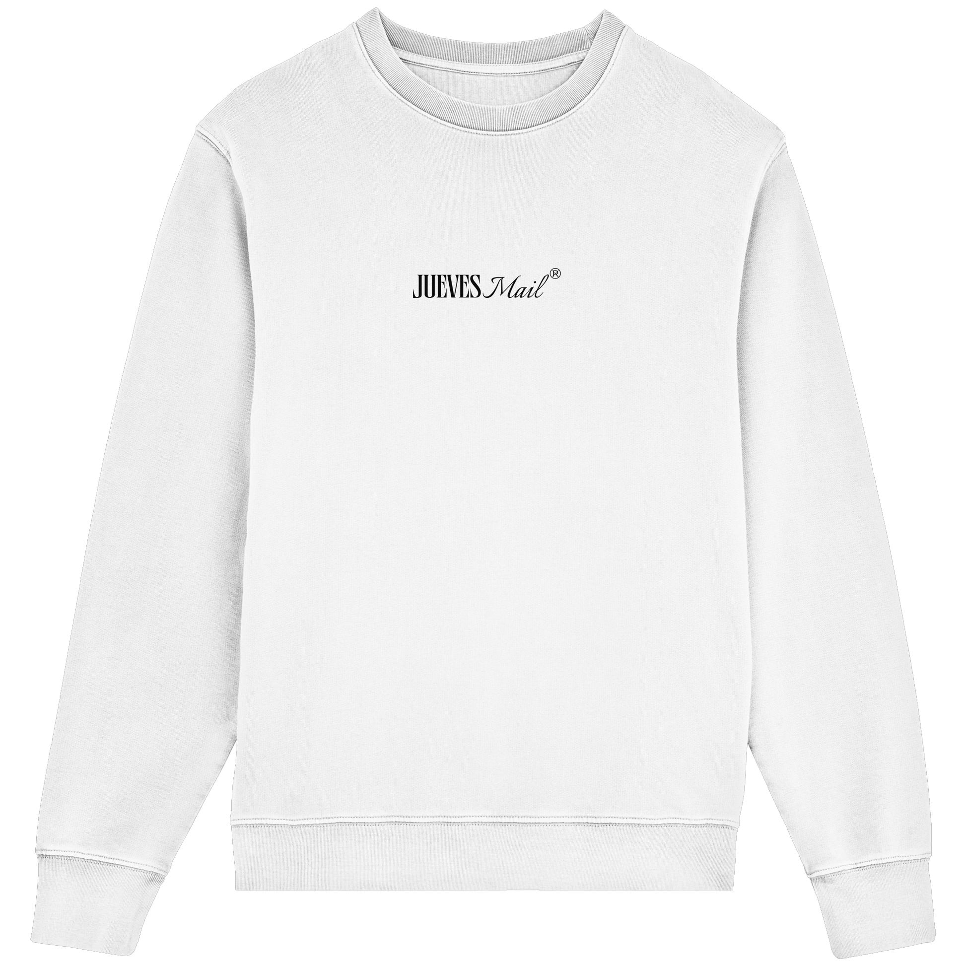 Frontansicht des weißen Classic Sweatshirts von Jueves Apparel im klassischen Schnitt – dezentes Design vorne, Rückendruck als Highlight, 85 % Bio-Baumwolle, 15 % Polyester.