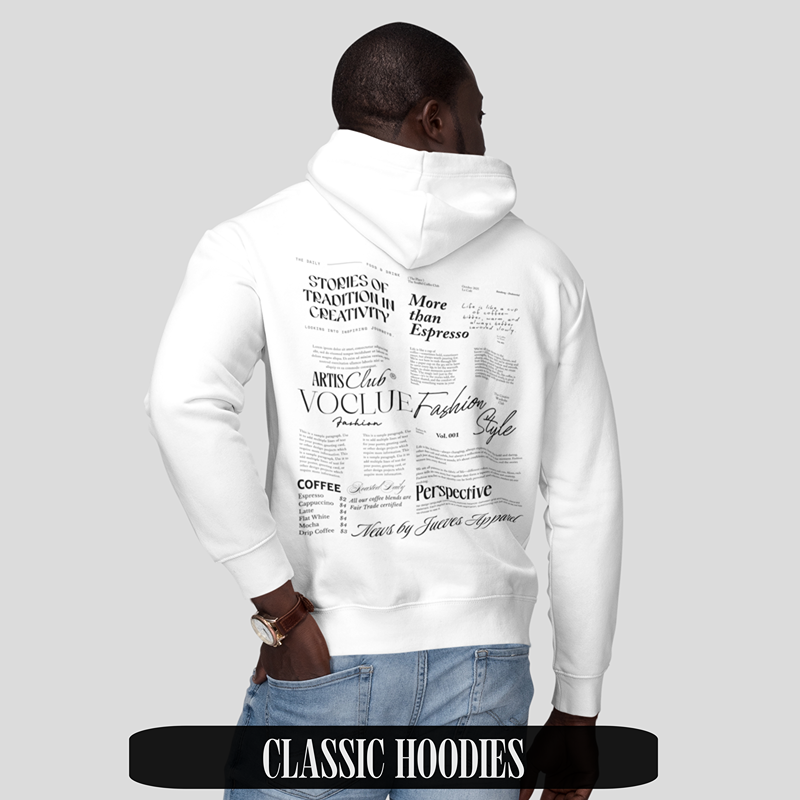 Mann trägt Classic Hoodie in weiß von Jueves Apparel – auffälliges „Mail“-Design auf dem Rücken, stylische Streetwear mit Charakter.