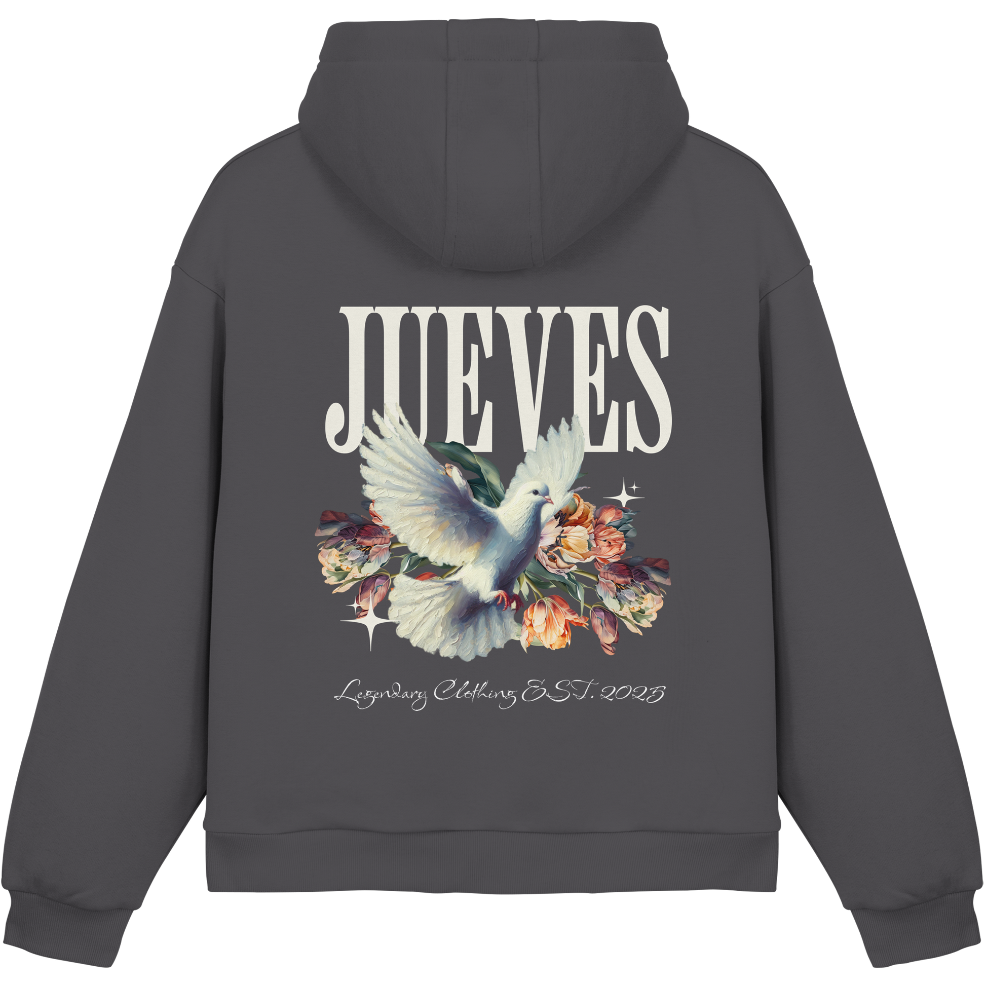 dunkelgrauer Jueves Apparel Oversized Boxcut Hoodie mit markantem Rückendruck – urbaner Streetwear-Style aus Baumwolle