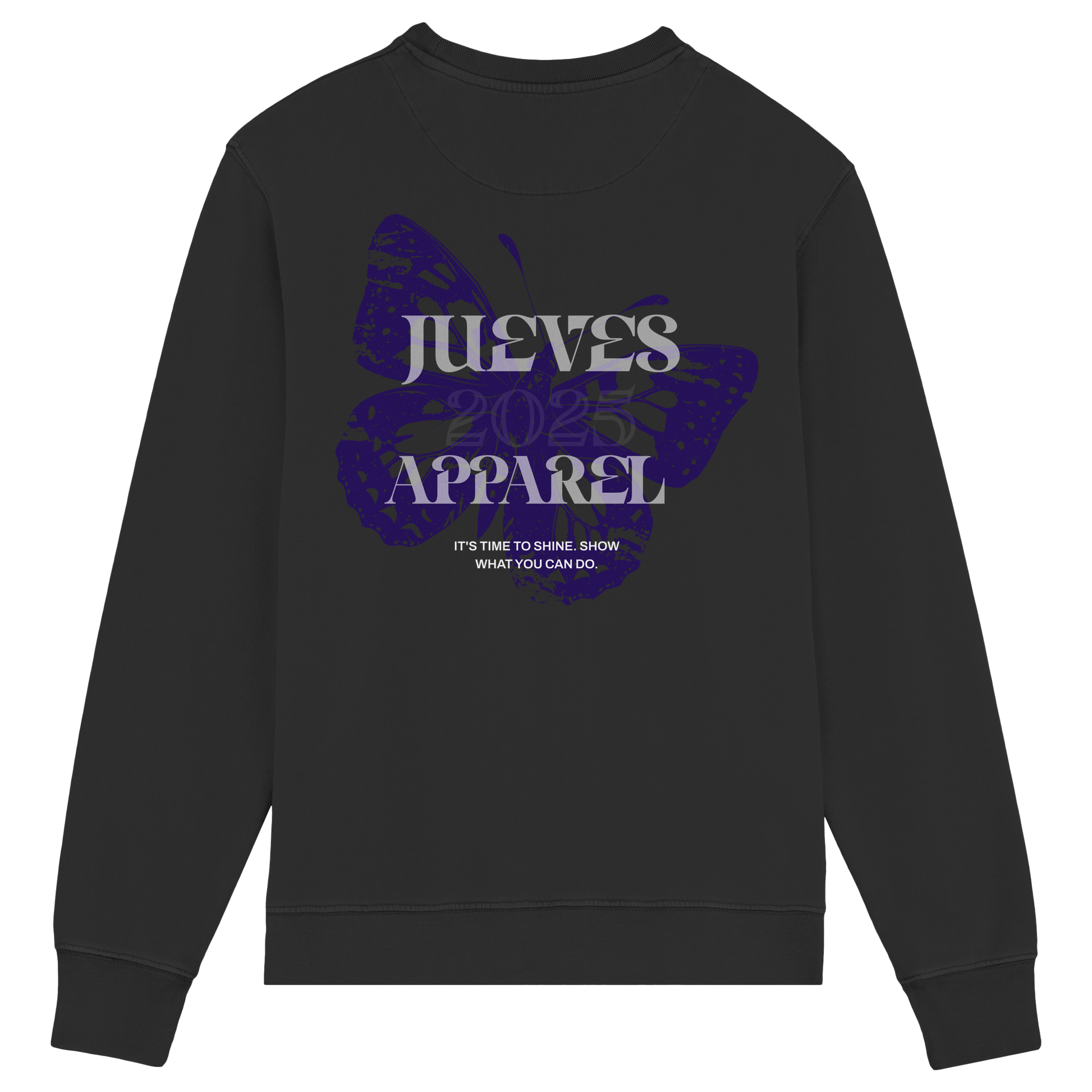 Rückansicht des schwarzen Classic Sweatshirts von Jueves Apparel mit großem Rückendruck – klassischer Fit aus 85 % Bio-Baumwolle, 15 % Polyester, 300 g/m² Stoffgewicht.