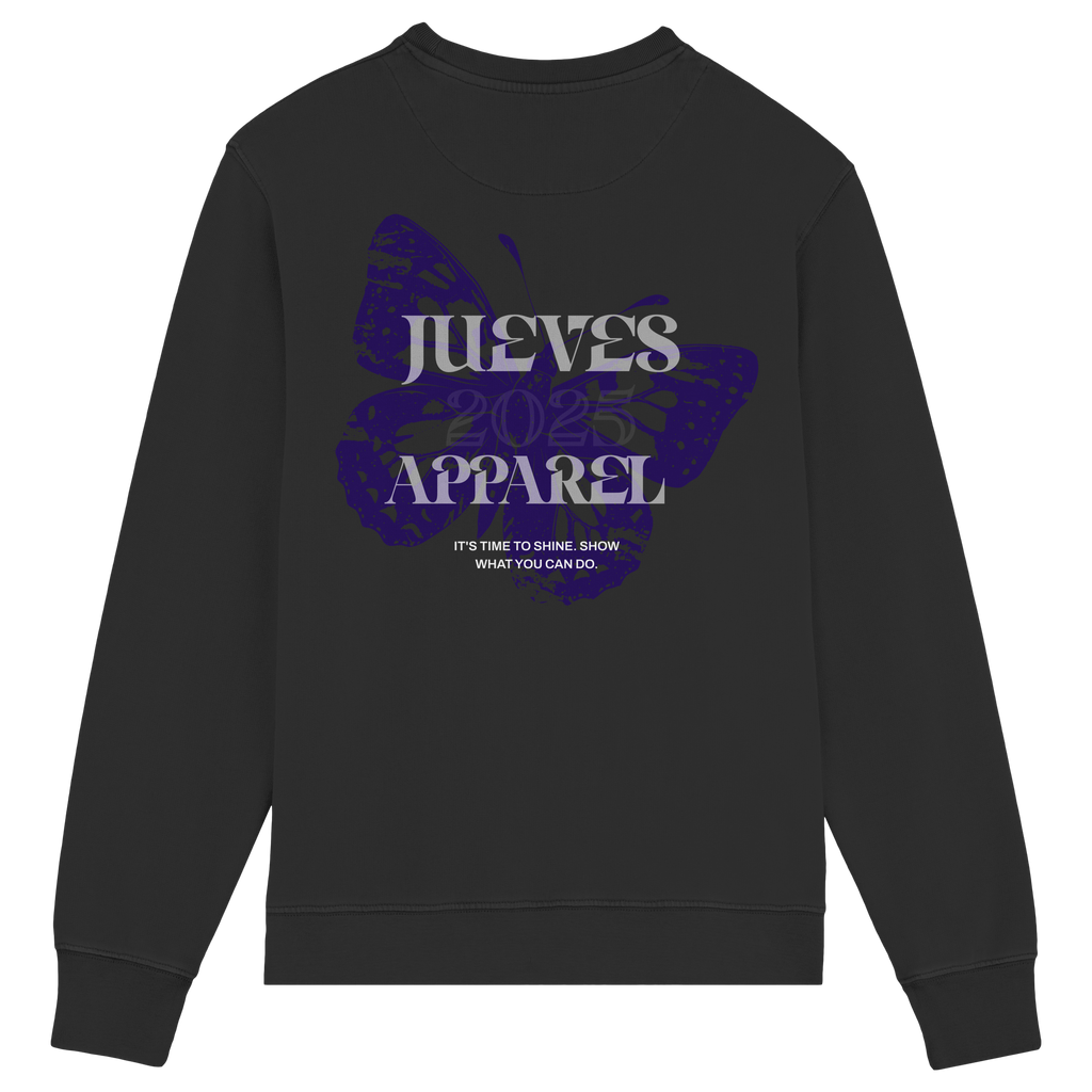 Rückansicht des schwarzen Classic Sweatshirts von Jueves Apparel mit großem Rückendruck – klassischer Fit aus 85 % Bio-Baumwolle, 15 % Polyester, 300 g/m² Stoffgewicht.