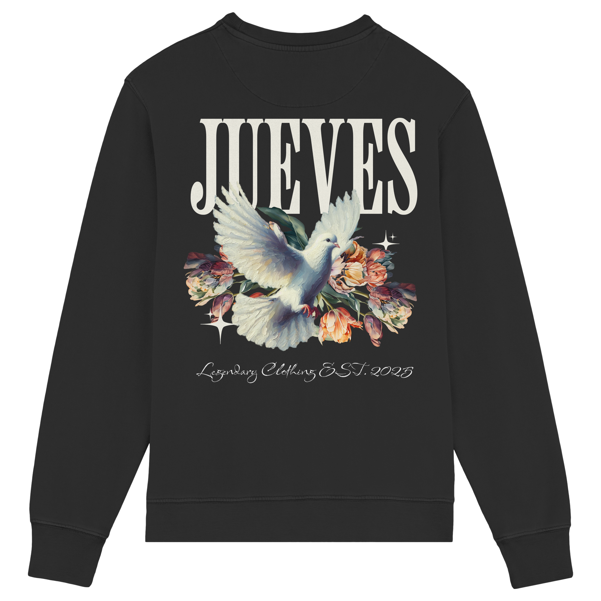 Rückansicht des schwarzen Classic Sweatshirts von Jueves Apparel mit großem Rückendruck – klassischer Fit aus 85 % Bio-Baumwolle, 15 % Polyester, 300 g/m² Stoffgewicht.