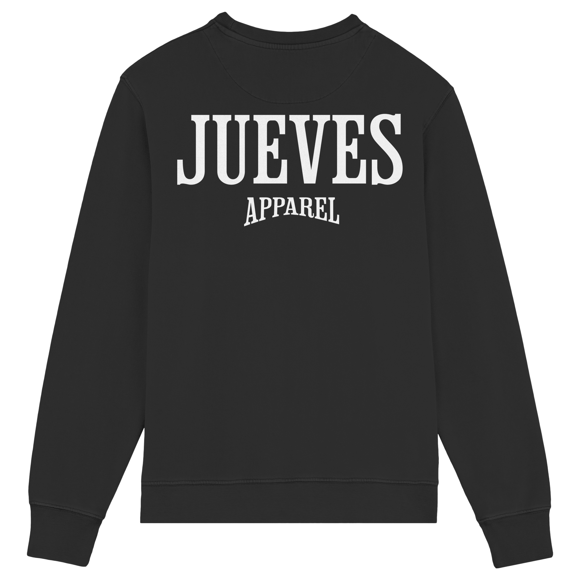 Rückansicht des schwarzen Classic Sweatshirts von Jueves Apparel mit großem Rückendruck – klassischer Fit aus 85 % Bio-Baumwolle, 15 % Polyester, 300 g/m² Stoffgewicht.