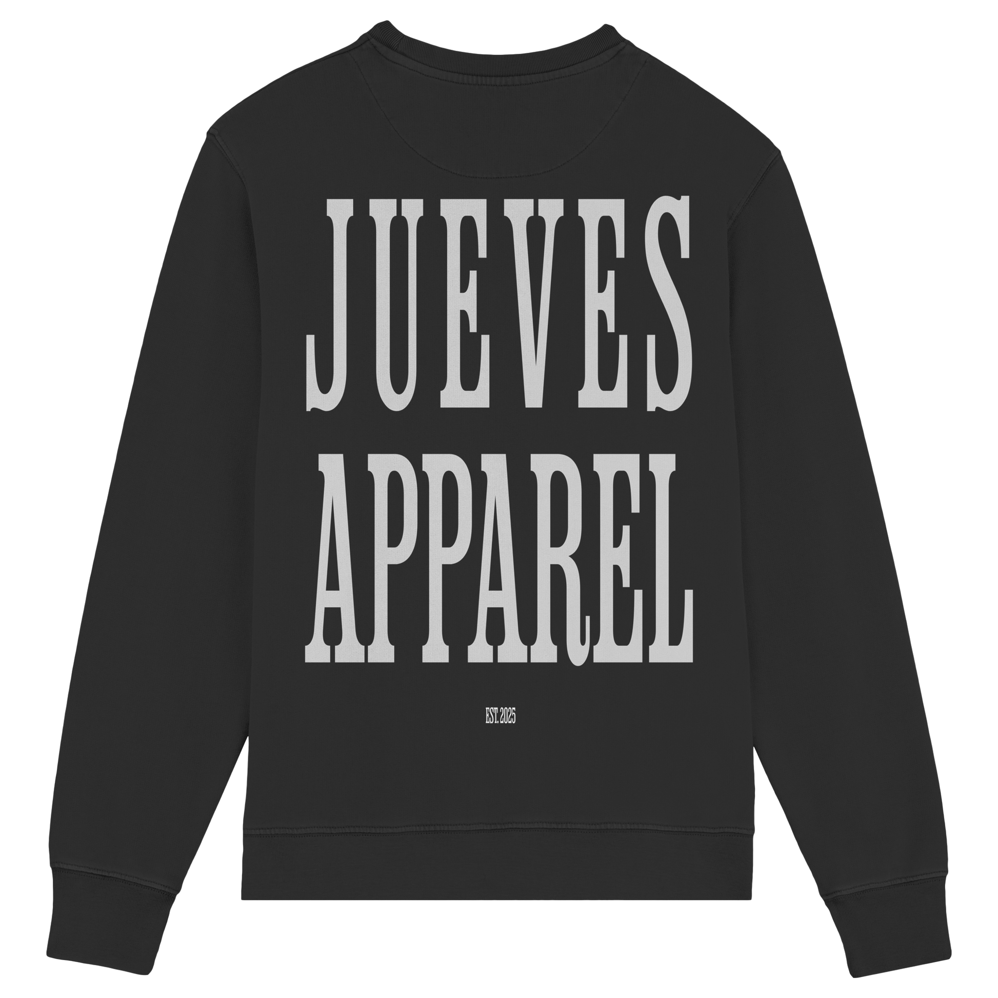 Rückansicht des schwarzen Classic Sweatshirts von Jueves Apparel mit großem Rückendruck – klassischer Fit aus 85 % Bio-Baumwolle, 15 % Polyester, 300 g/m² Stoffgewicht.