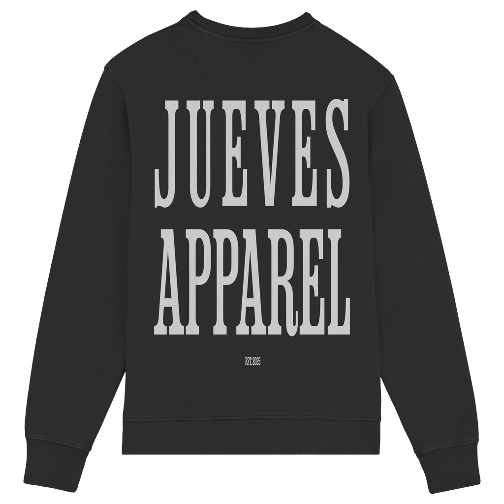 Rückansicht des schwarzen Classic Sweatshirts von Jueves Apparel mit großem Rückendruck – klassischer Fit aus 85 % Bio-Baumwolle, 15 % Polyester, 300 g/m² Stoffgewicht.