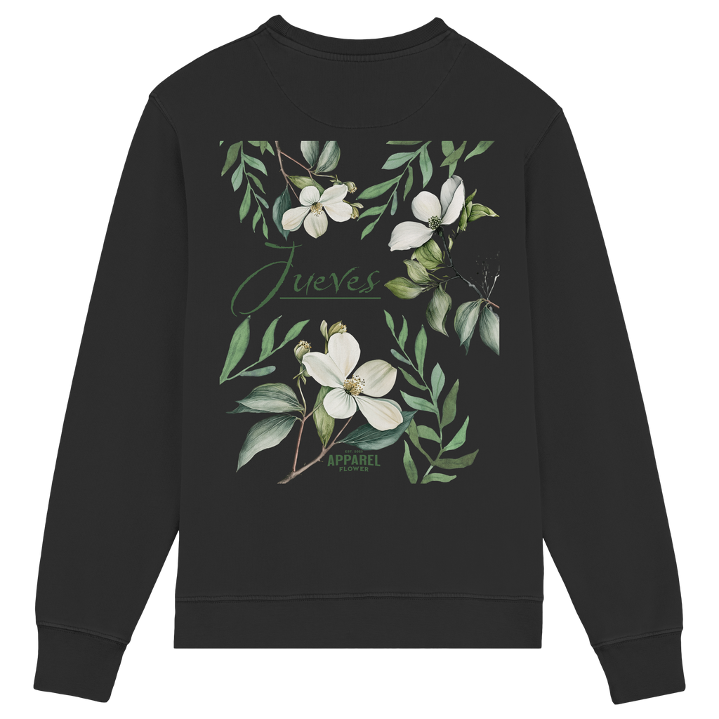 Rückansicht des schwarzen Classic Sweatshirts von Jueves Apparel mit großem Rückendruck – klassischer Fit aus 85 % Bio-Baumwolle, 15 % Polyester, 300 g/m² Stoffgewicht.