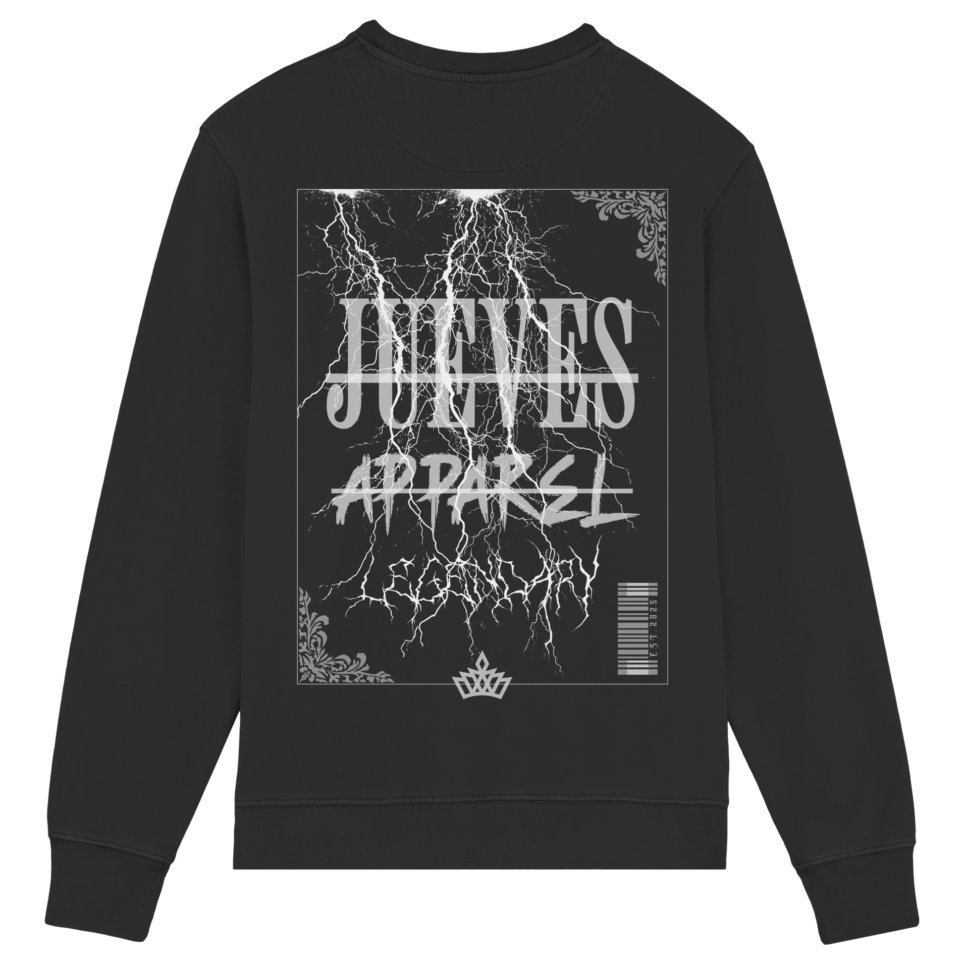 Rückansicht des schwarzen Classic Sweatshirts von Jueves Apparel mit großem Rückendruck – klassischer Fit aus 85 % Bio-Baumwolle, 15 % Polyester, 300 g/m² Stoffgewicht.