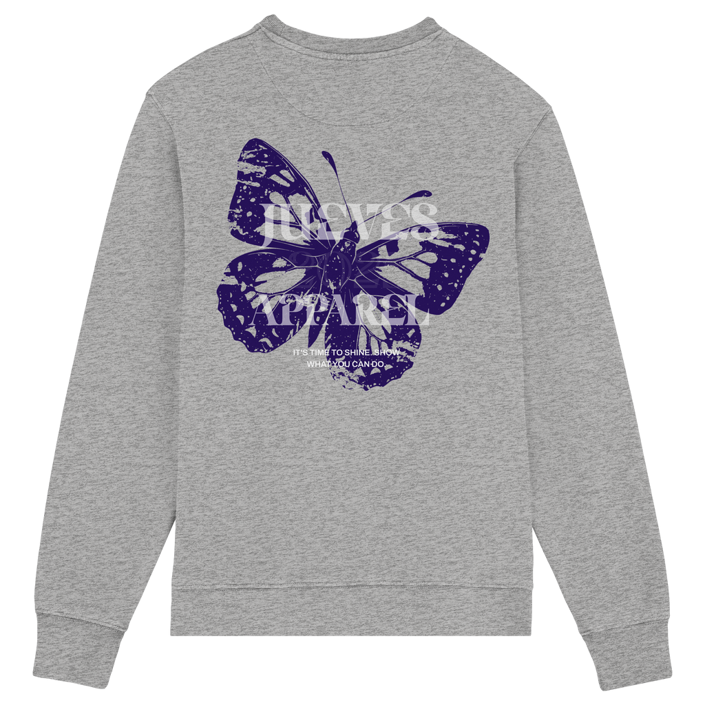 Rückansicht des grauen Classic Sweatshirts von Jueves Apparel mit großem Rückendruck – klassischer Fit aus 85 % Bio-Baumwolle, 15 % Polyester, 300 g/m² Stoffgewicht.
